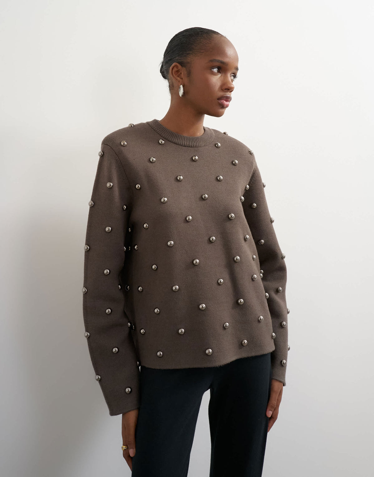 Topshop knitted metal studded shoulder pad jumper in brown