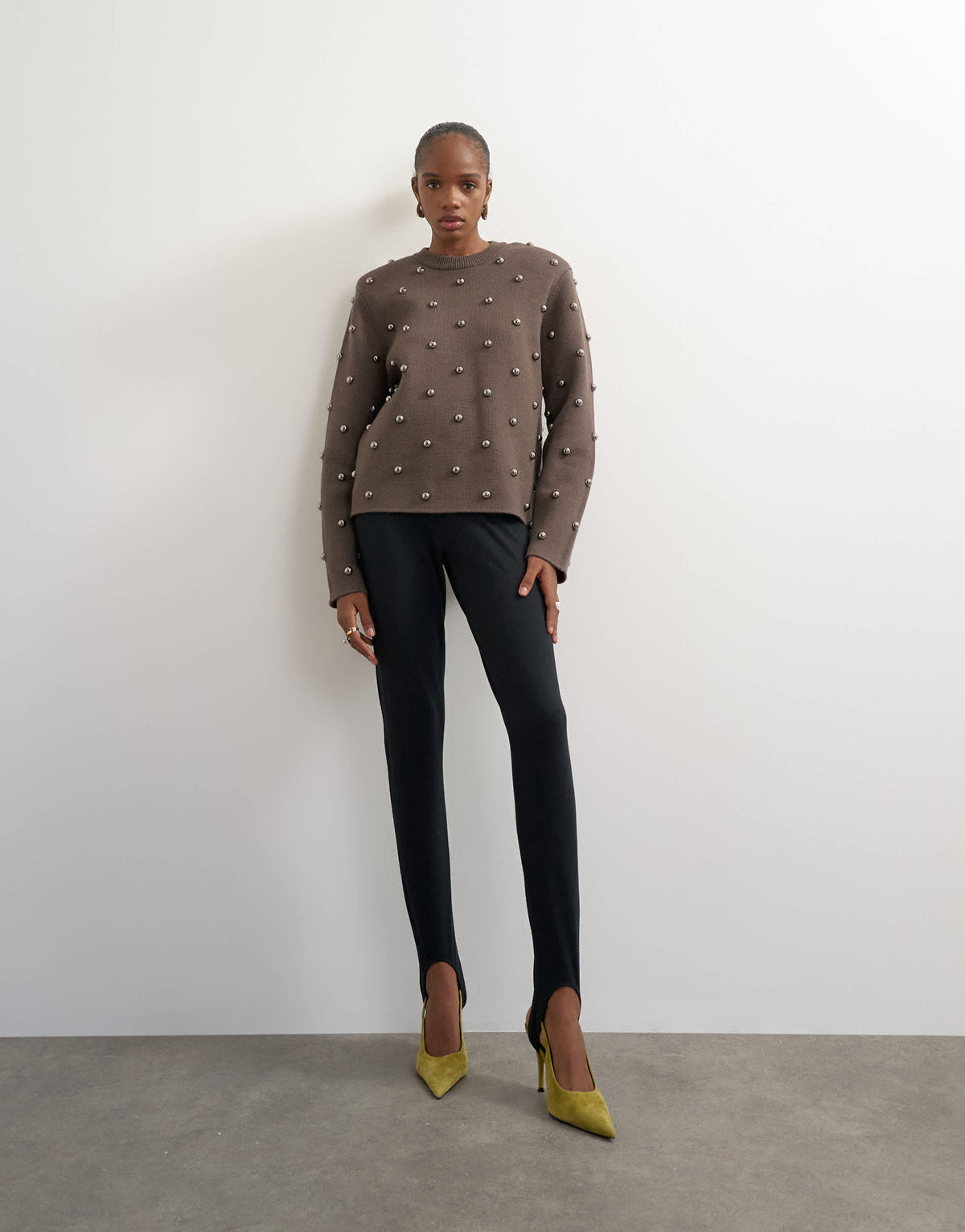 Topshop knitted metal studded shoulder pad jumper in brown
