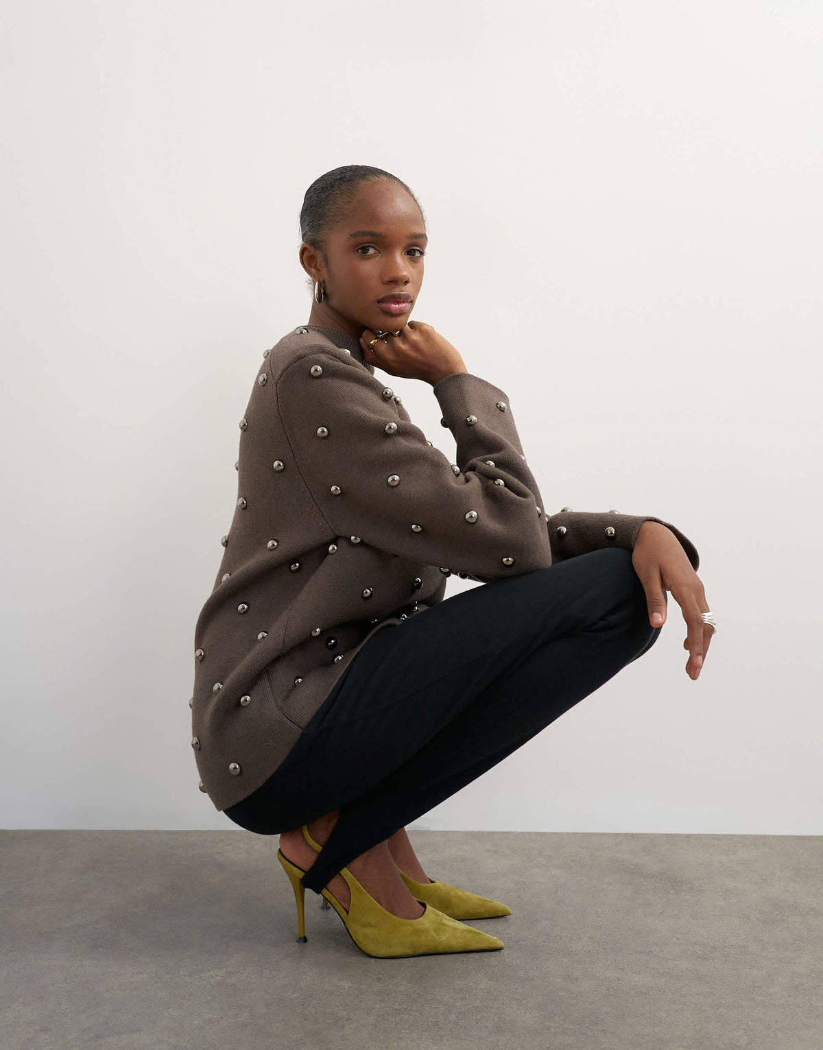 Topshop knitted metal studded shoulder pad jumper in brown
