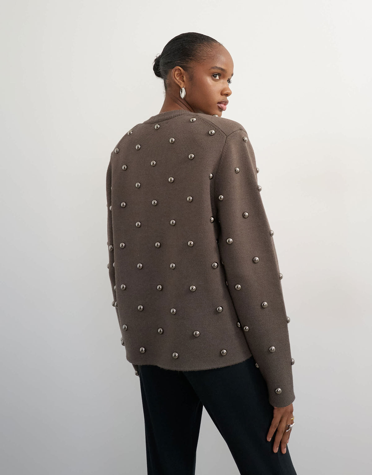 Topshop knitted metal studded shoulder pad jumper in brown