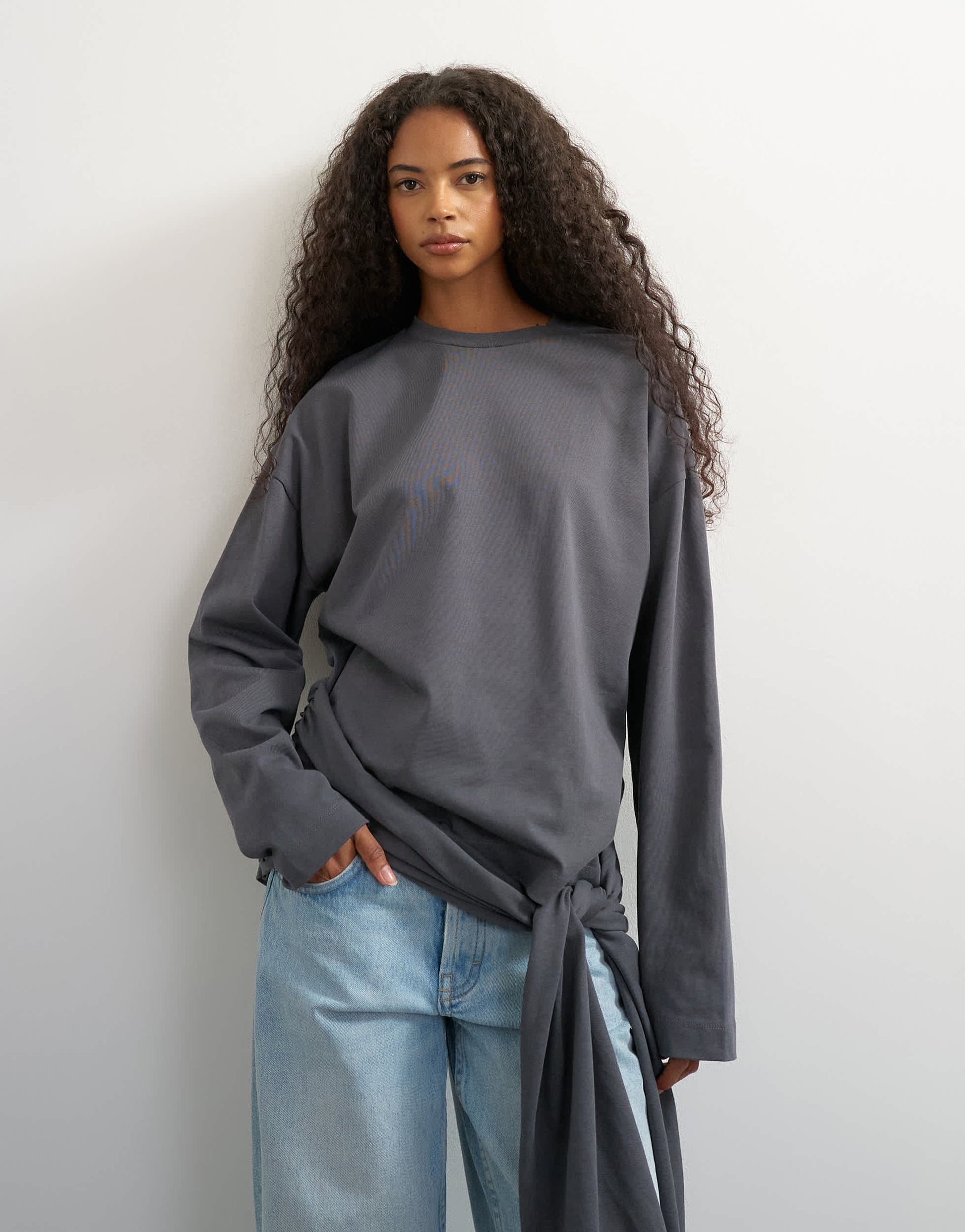 Topshop long sleeve tie waist detail top in charcoal