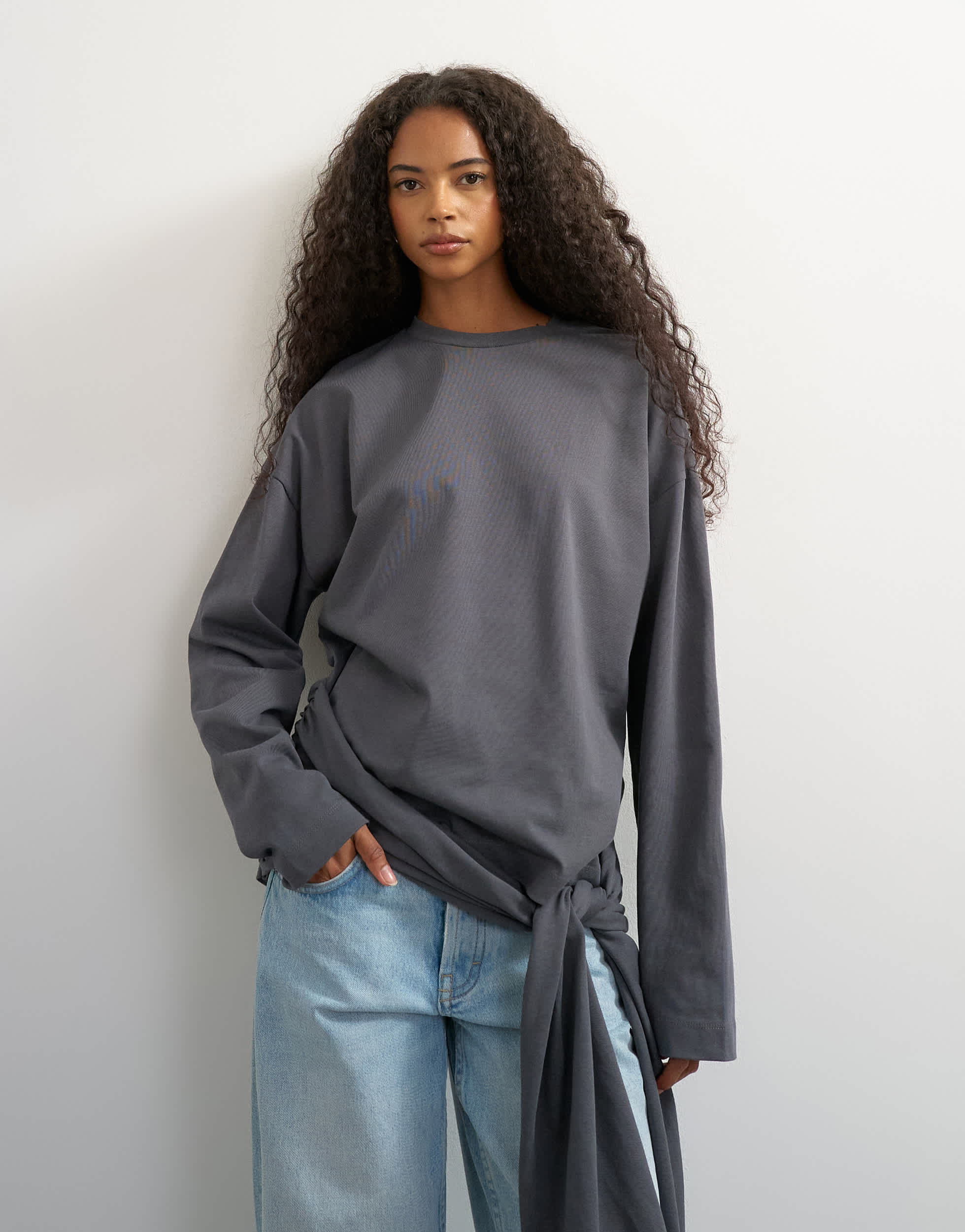 Topshop long sleeve tie waist detail top in charcoal
