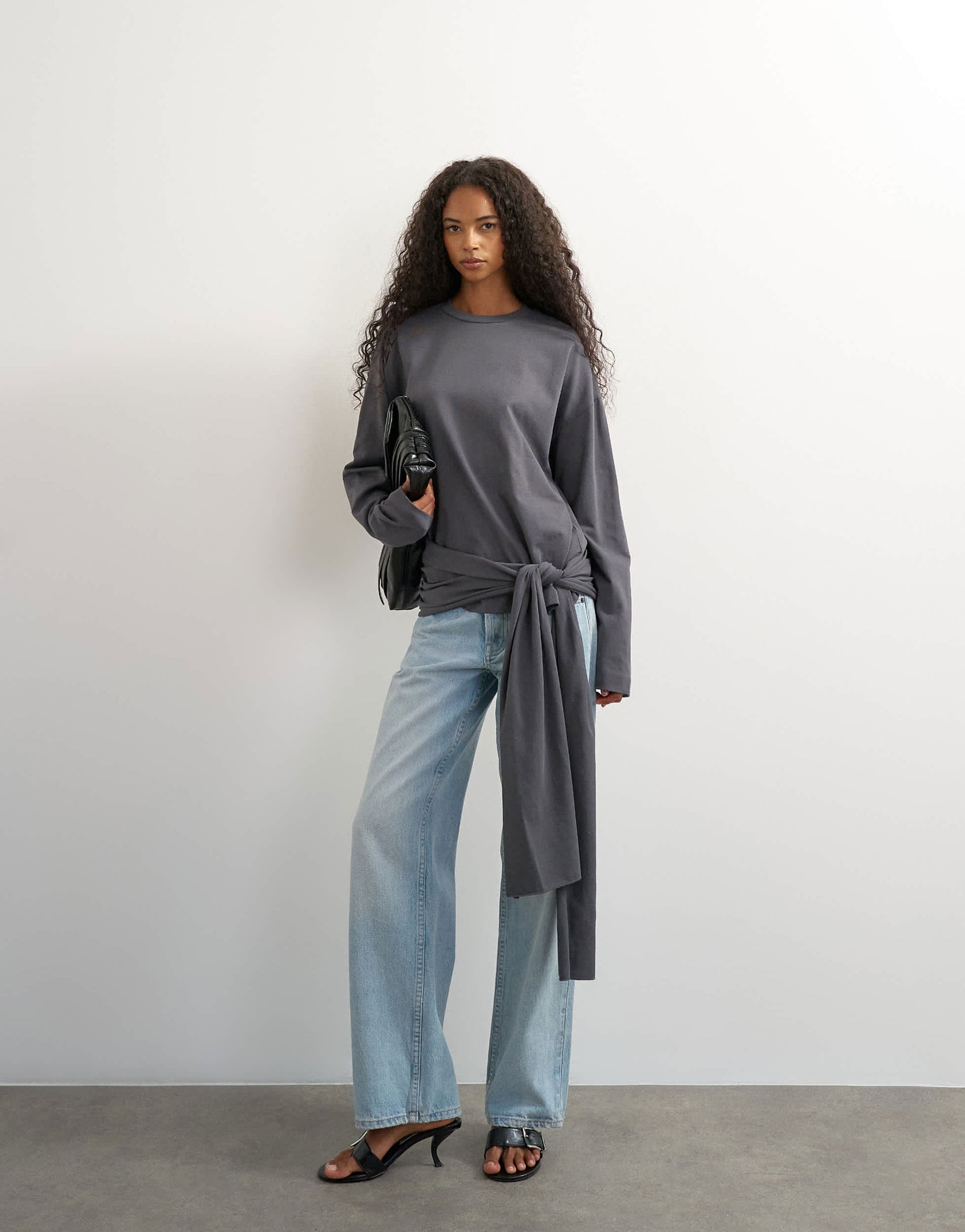 Topshop long sleeve tie waist detail top in charcoal