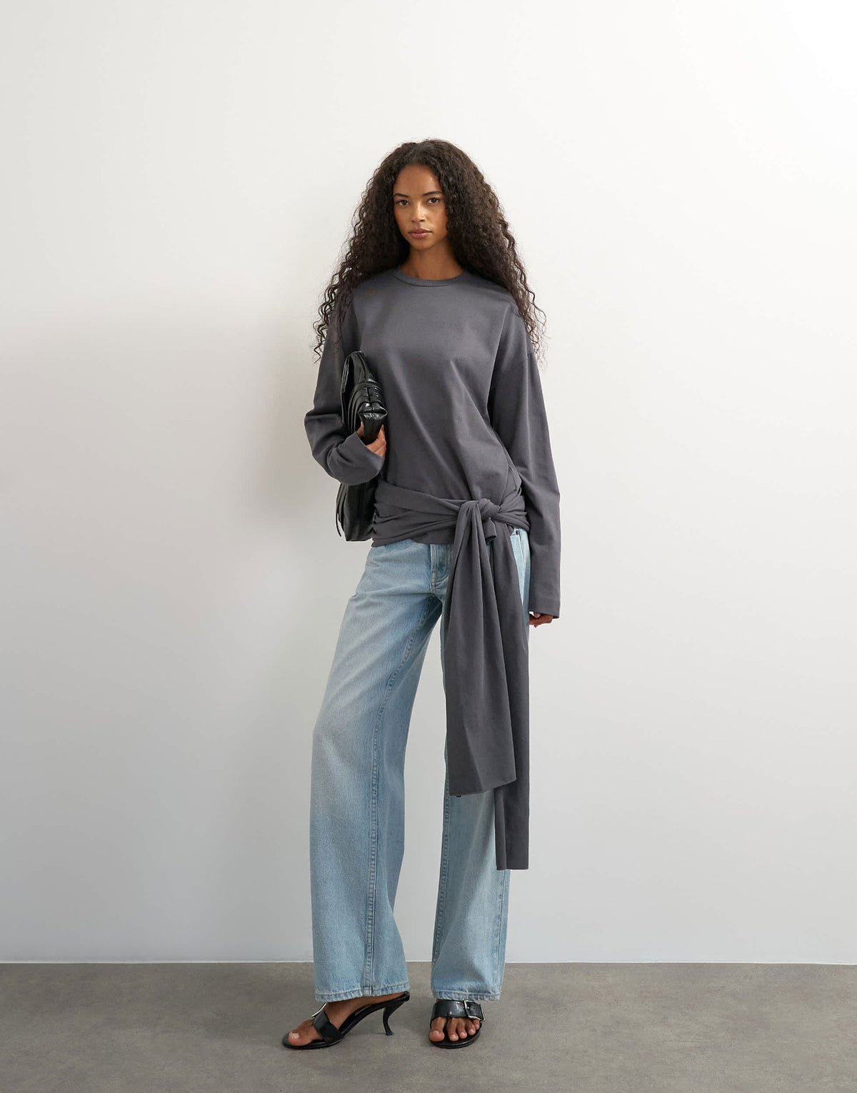 Topshop long sleeve tie waist detail top in charcoal