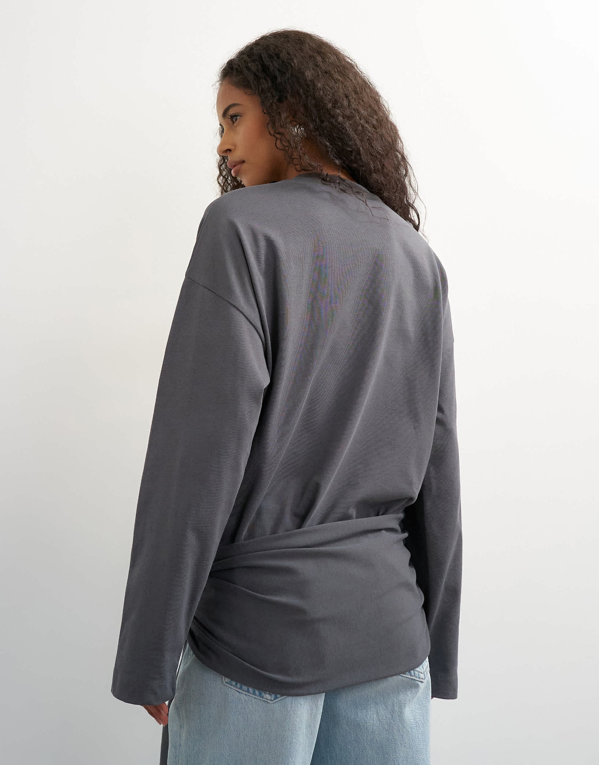 Topshop long sleeve tie waist detail top in charcoal