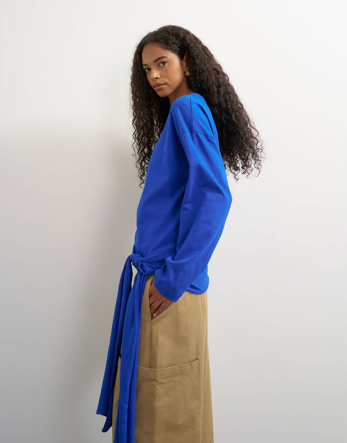 Topshop long sleeve tie waist detail top in cobalt