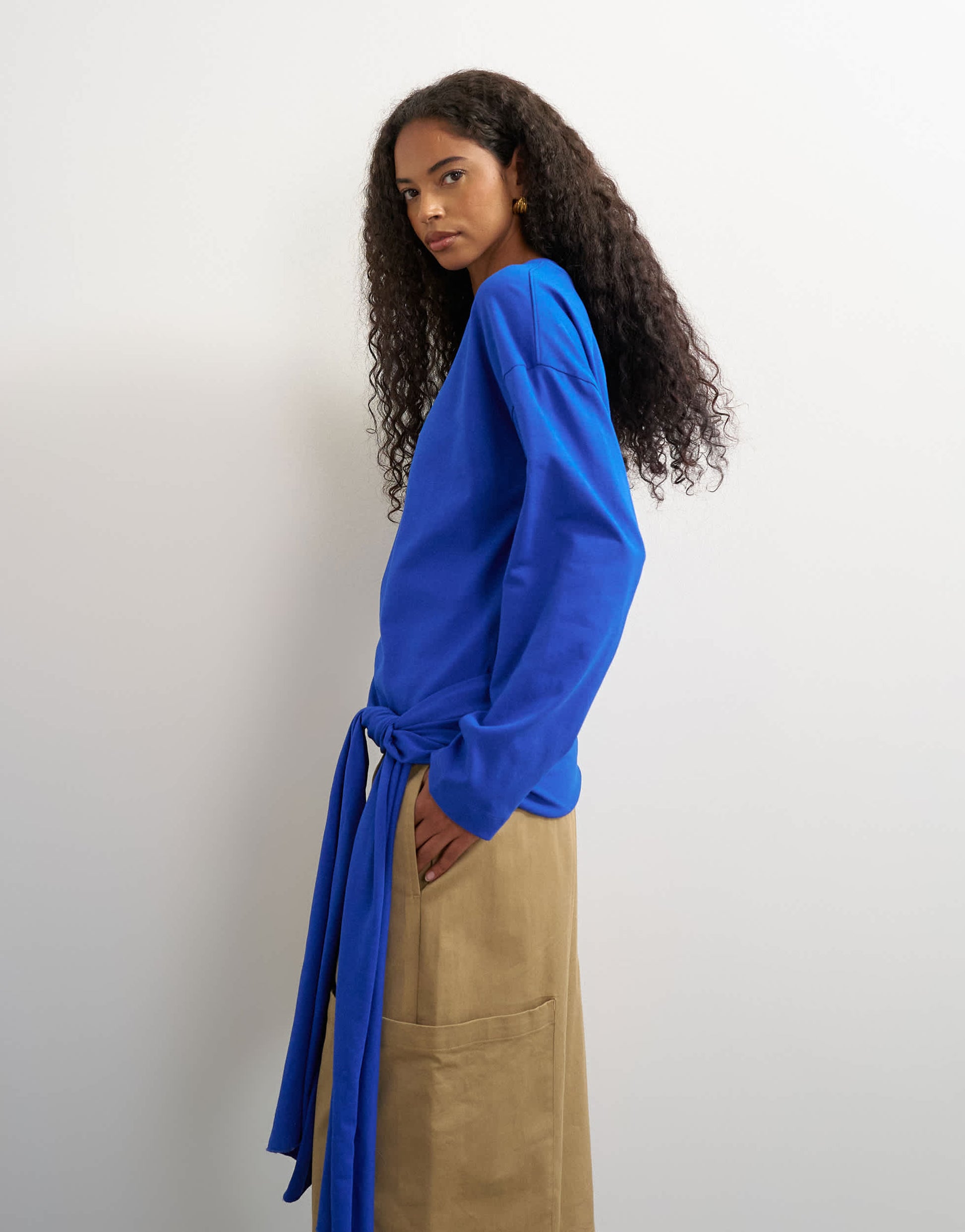 Topshop long sleeve tie waist detail top in cobalt