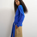 Topshop long sleeve tie waist detail top in cobalt