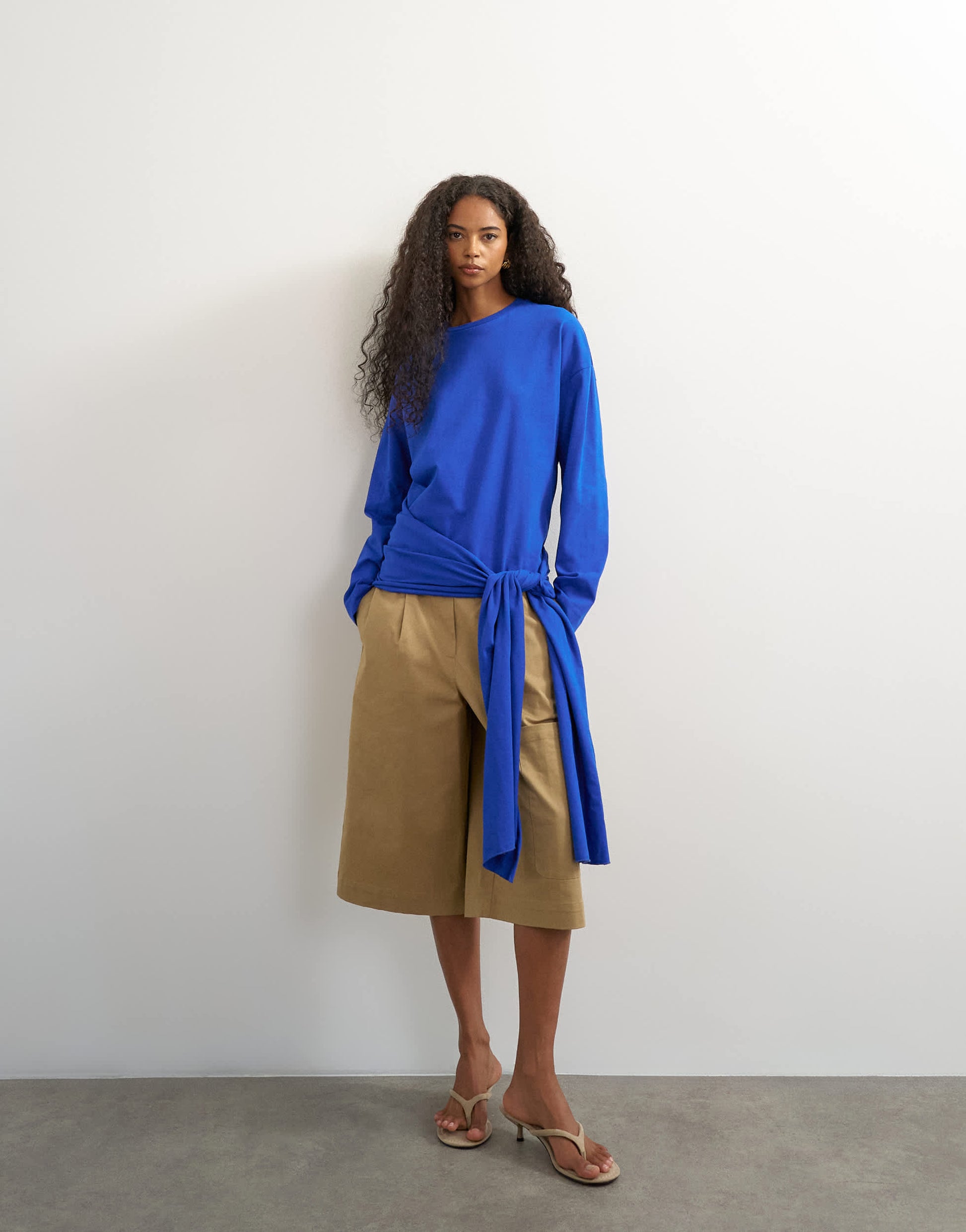 Topshop long sleeve tie waist detail top in cobalt