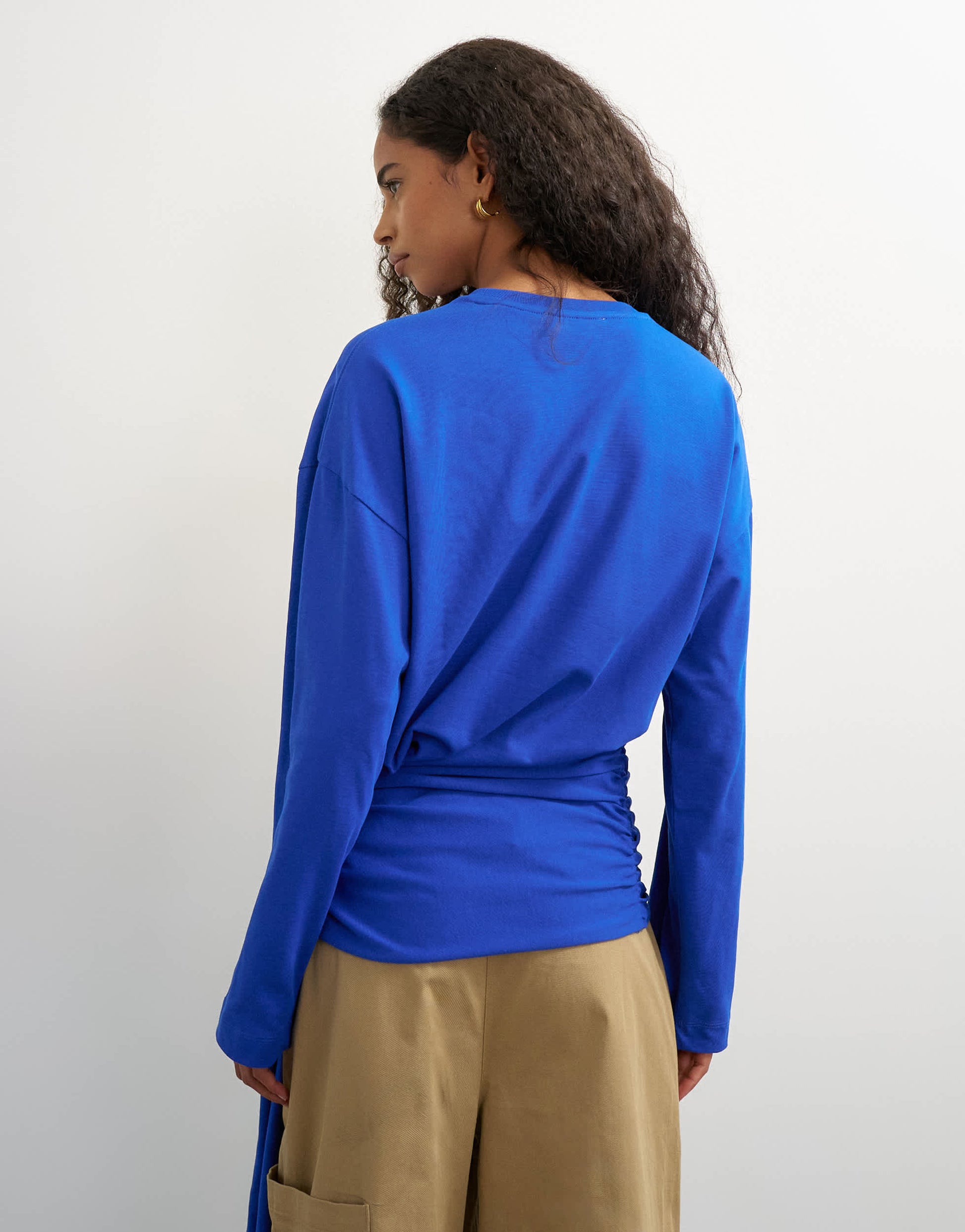 Topshop long sleeve tie waist detail top in cobalt