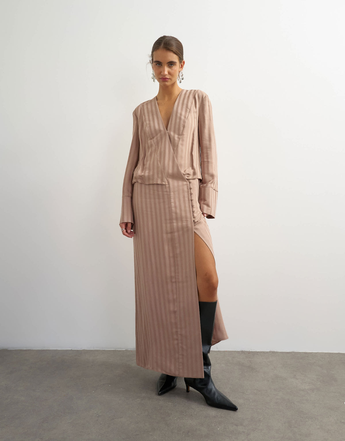 Topshop viscose satin stripe dropped waist long sleeve wrap front maxi dress in taupe