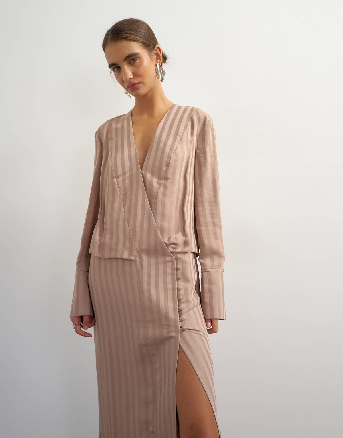 Topshop viscose satin stripe dropped waist long sleeve wrap front maxi dress in taupe