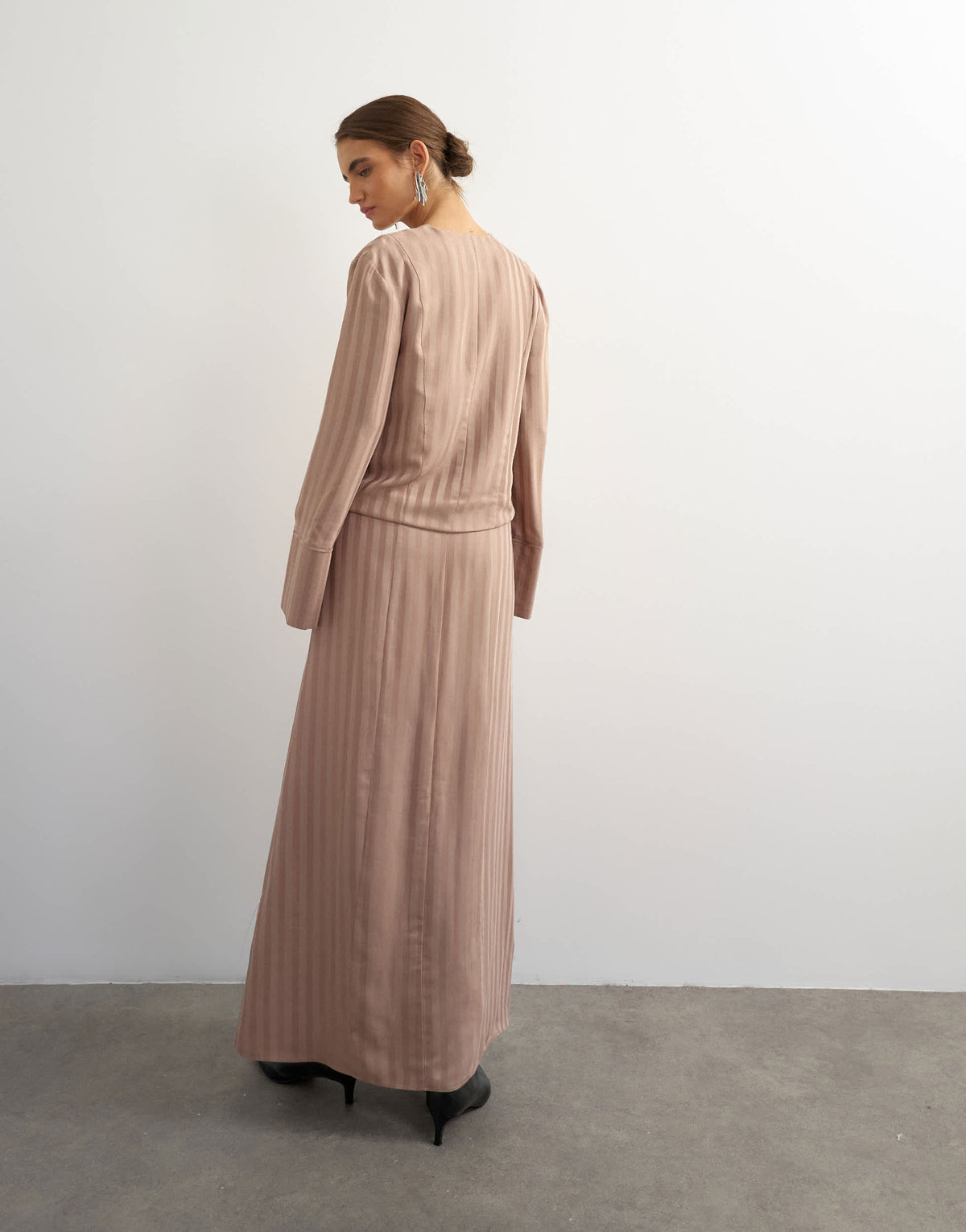Topshop viscose satin stripe dropped waist long sleeve wrap front maxi dress in taupe