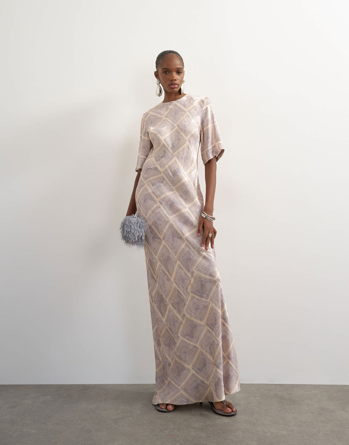 Topshop satin jacquard slash neck maxi dress in blue square print