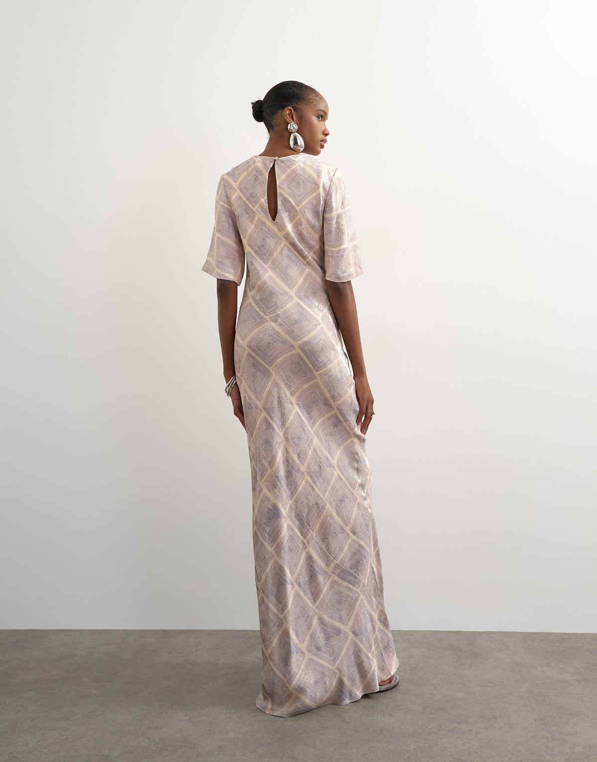 Topshop satin jacquard slash neck maxi dress in blue square print