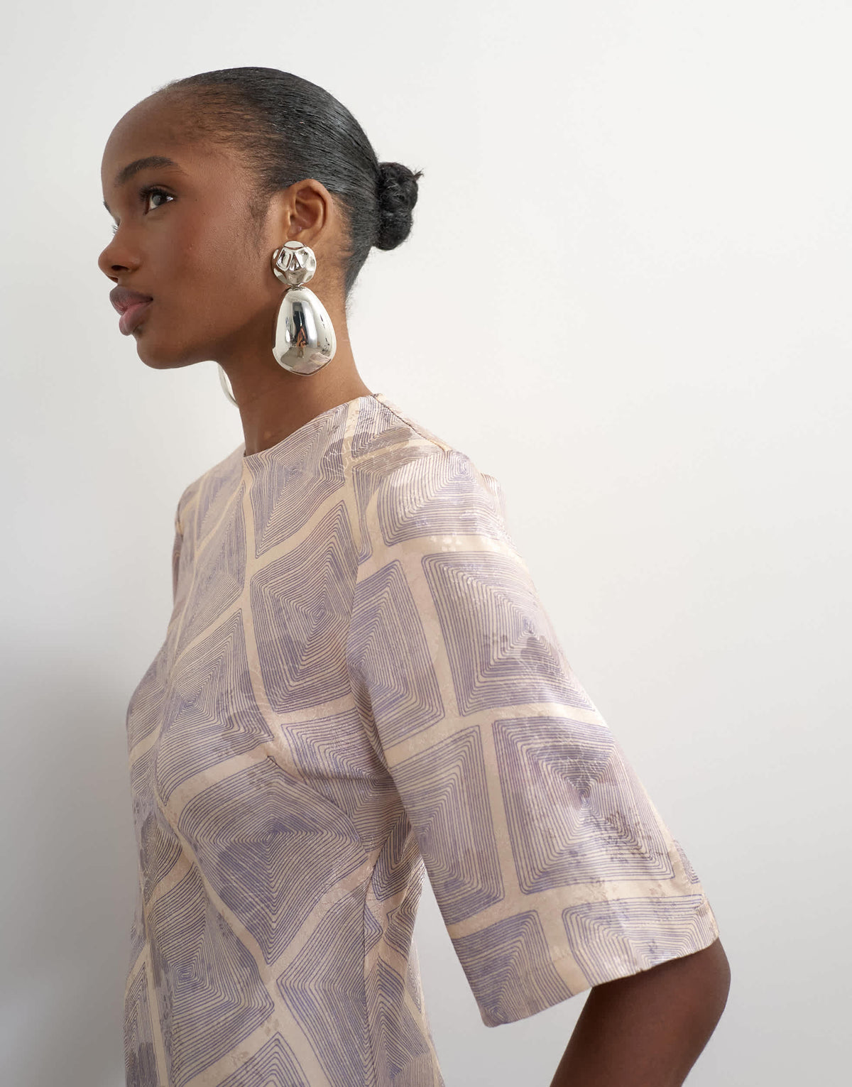 Topshop satin jacquard slash neck maxi dress in blue square print