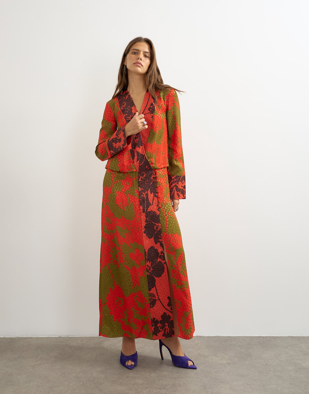Topshop viscose satin jacquard  dropped waist long sleeve wrap front maxi dress in mixed red floral