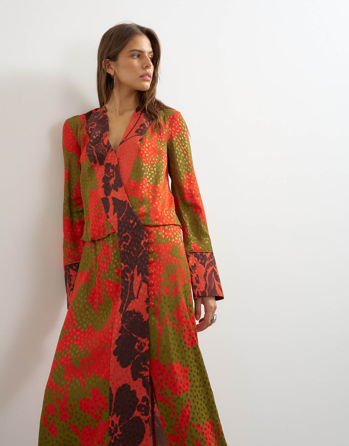 Topshop viscose satin jacquard  dropped waist long sleeve wrap front maxi dress in mixed red floral