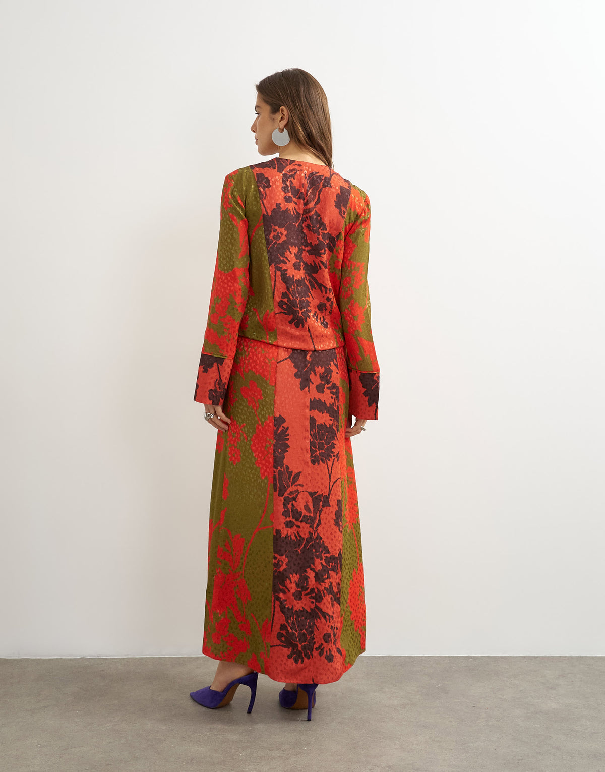 Topshop viscose satin jacquard  dropped waist long sleeve wrap front maxi dress in mixed red floral