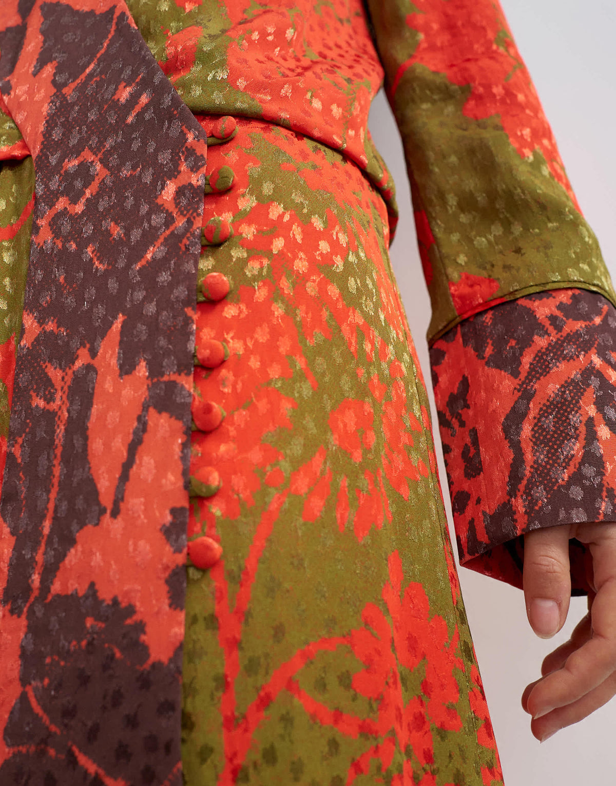 Topshop viscose satin jacquard  dropped waist long sleeve wrap front maxi dress in mixed red floral