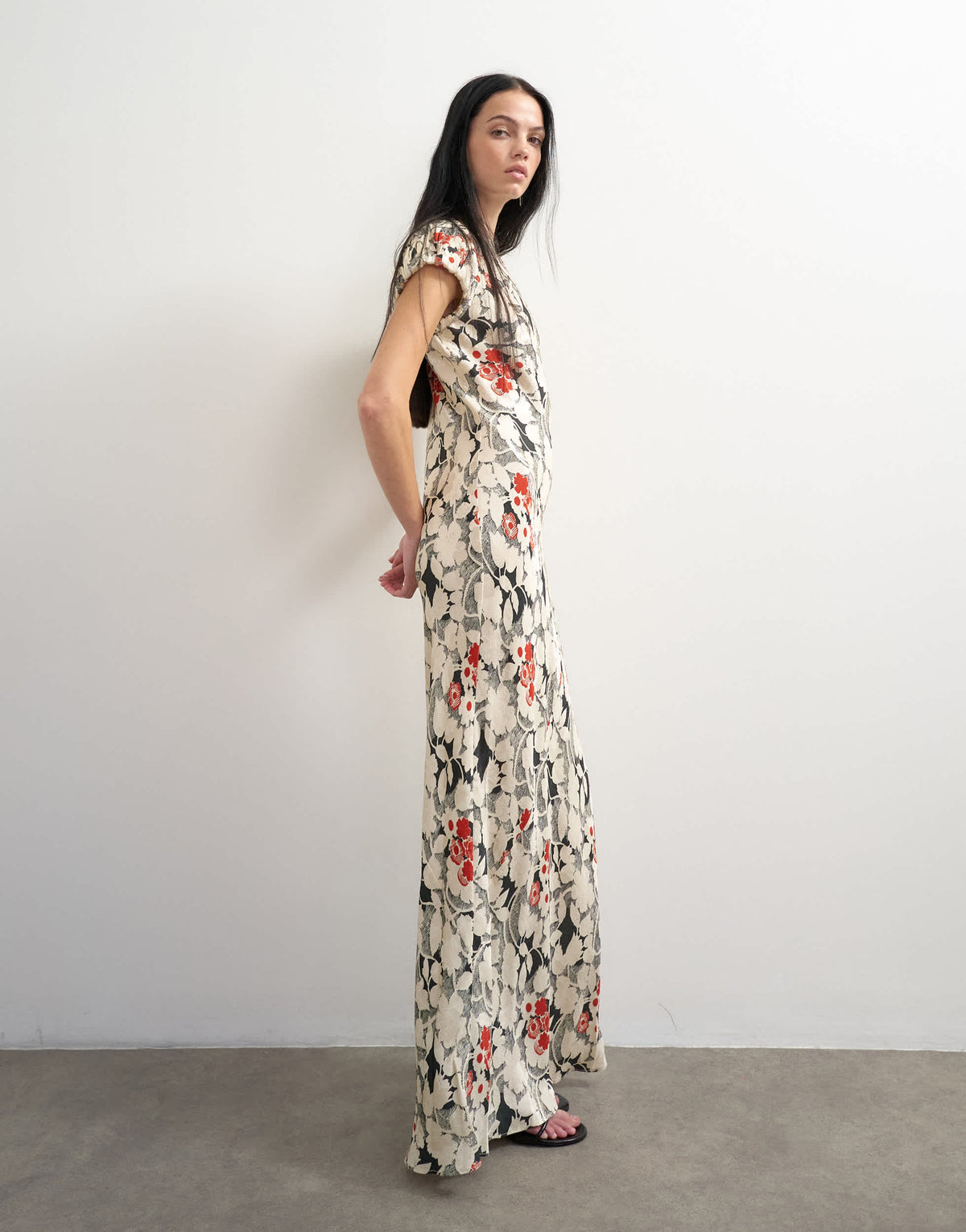 Topshop satin jacquard maxi dress with puff sleeve in red and black floral