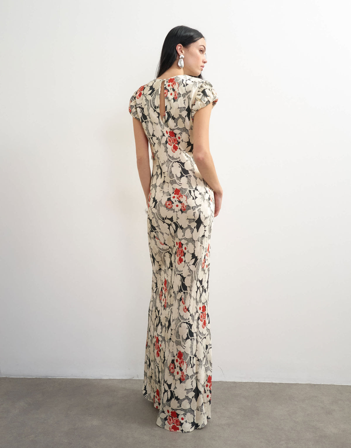 Topshop satin jacquard maxi dress with puff sleeve in red and black floral