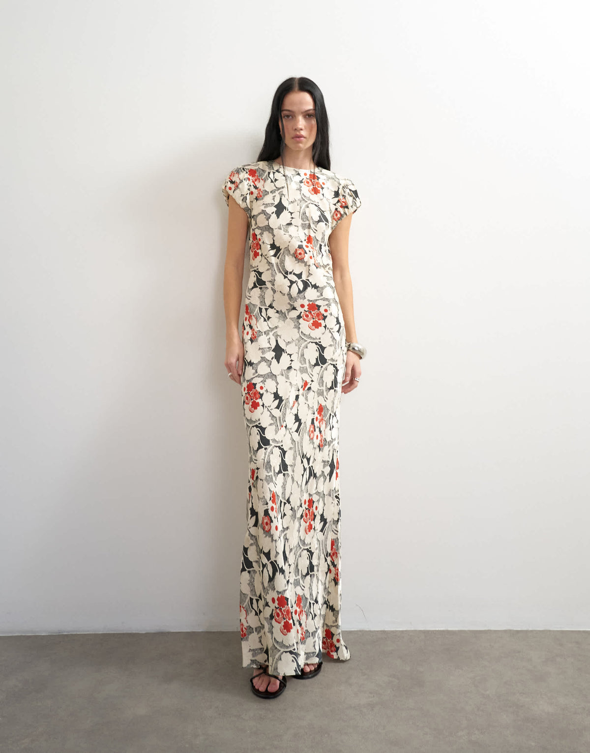 Topshop satin jacquard maxi dress with puff sleeve in red and black floral