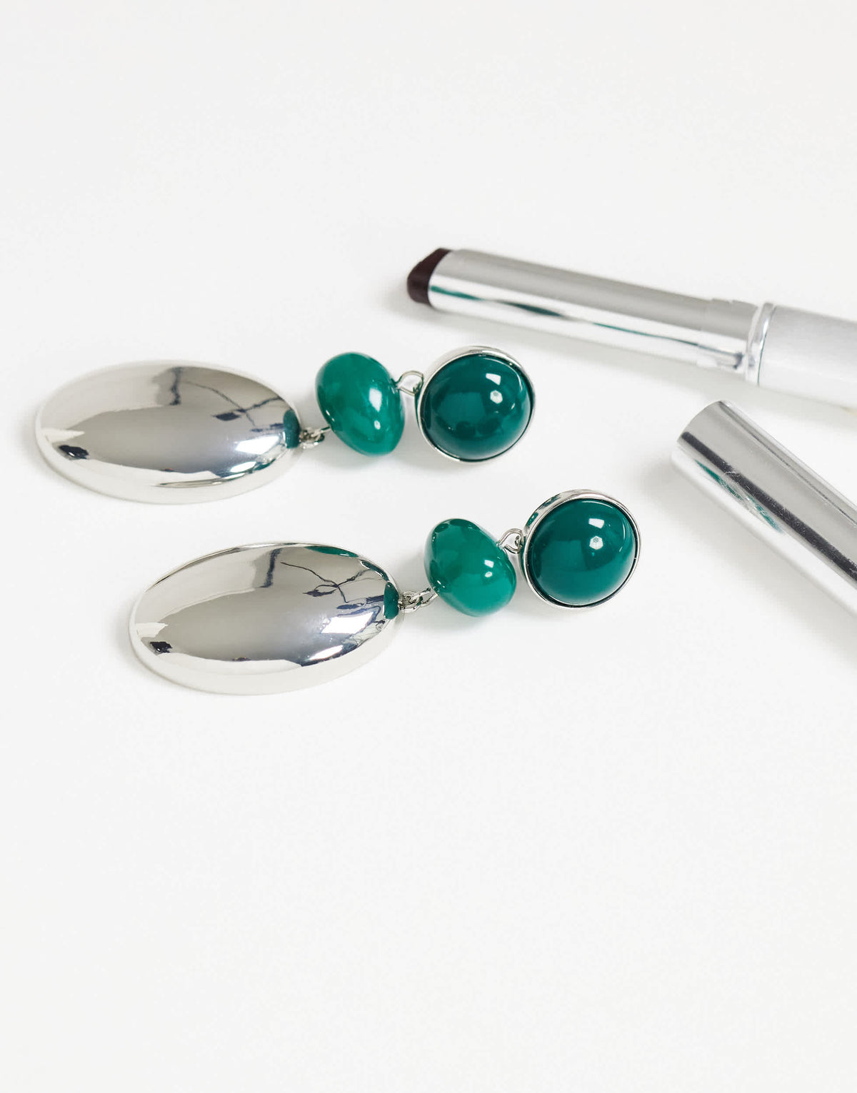Topshop Fiona triple drop earrings in green and silver