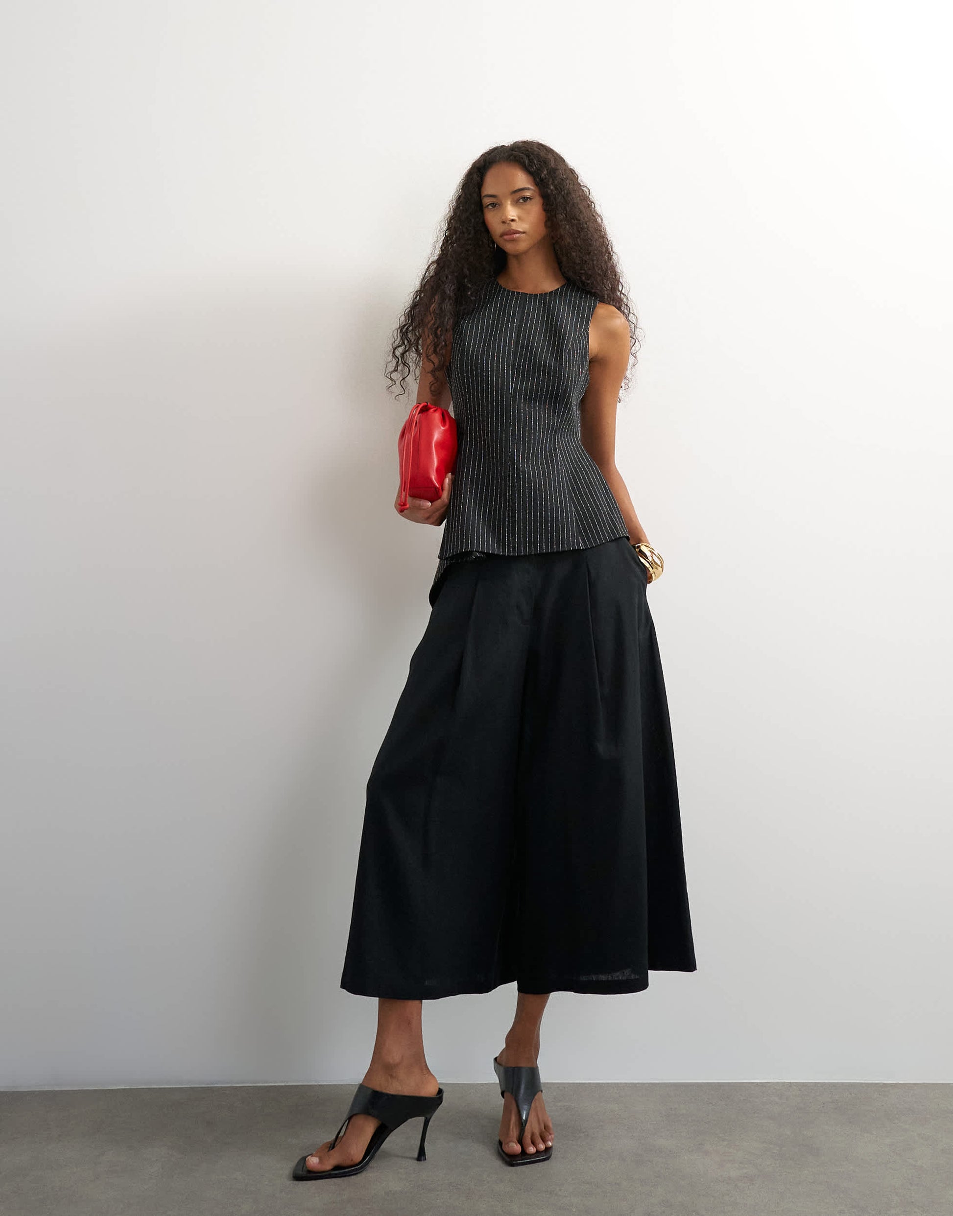Topshop co ord striped assymetric hem top in black