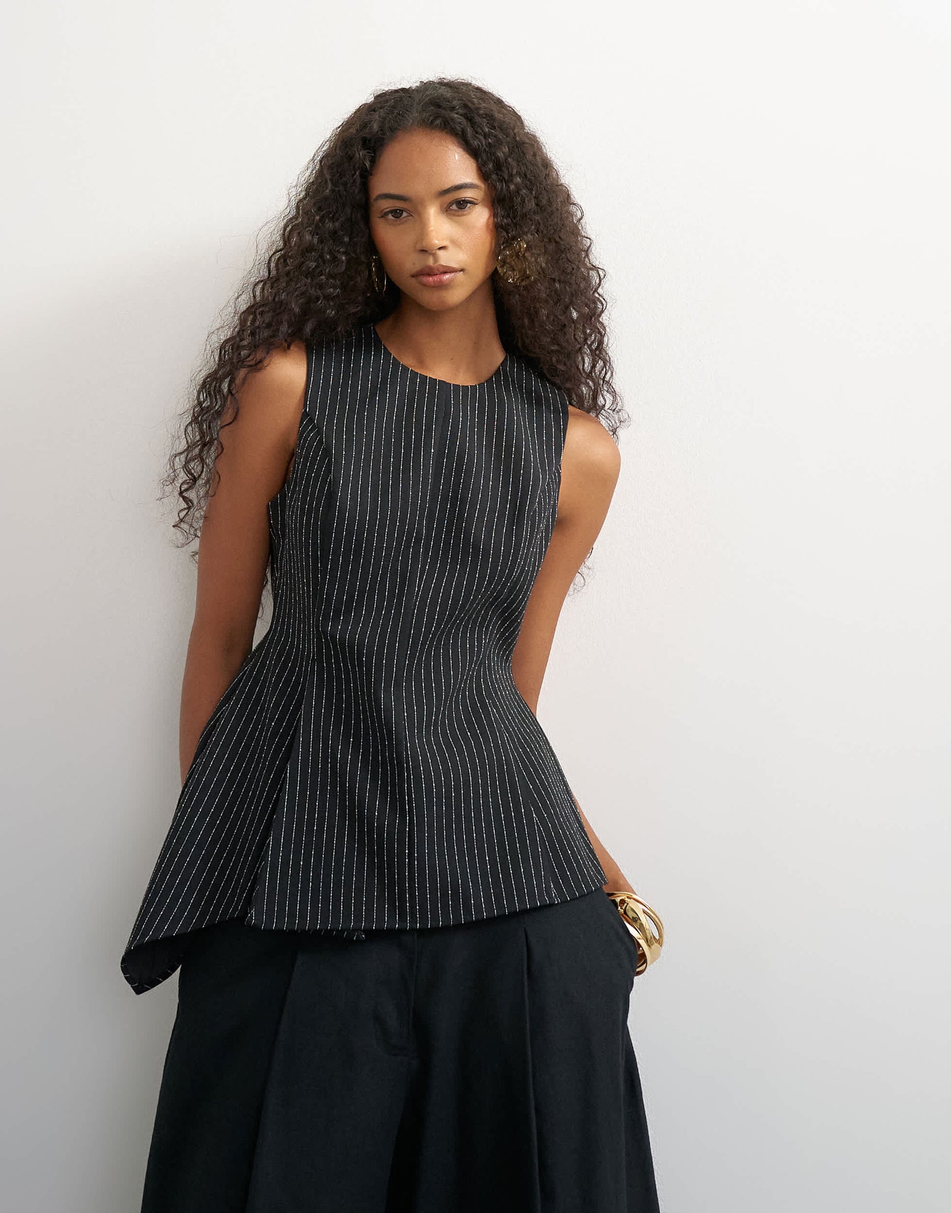 Topshop co ord striped assymetric hem top in black