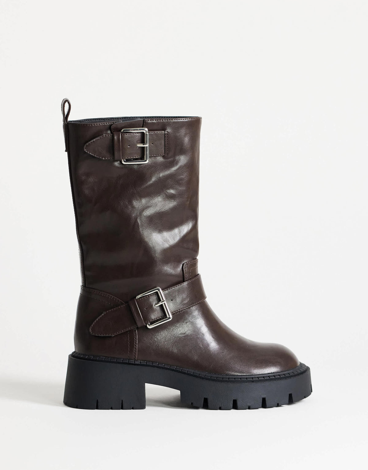 Topshop Lincon chunky mid calf boot with buckles in choc