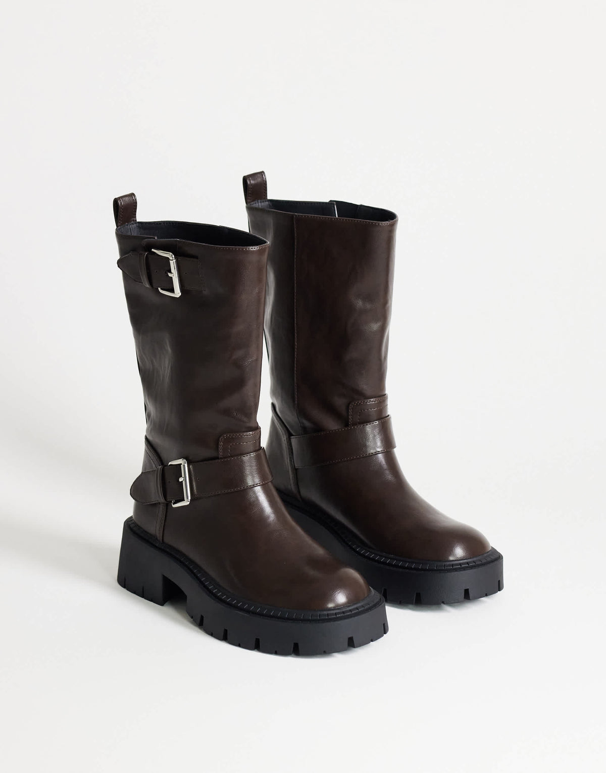 Topshop Lincon chunky mid calf boot with buckles in choc