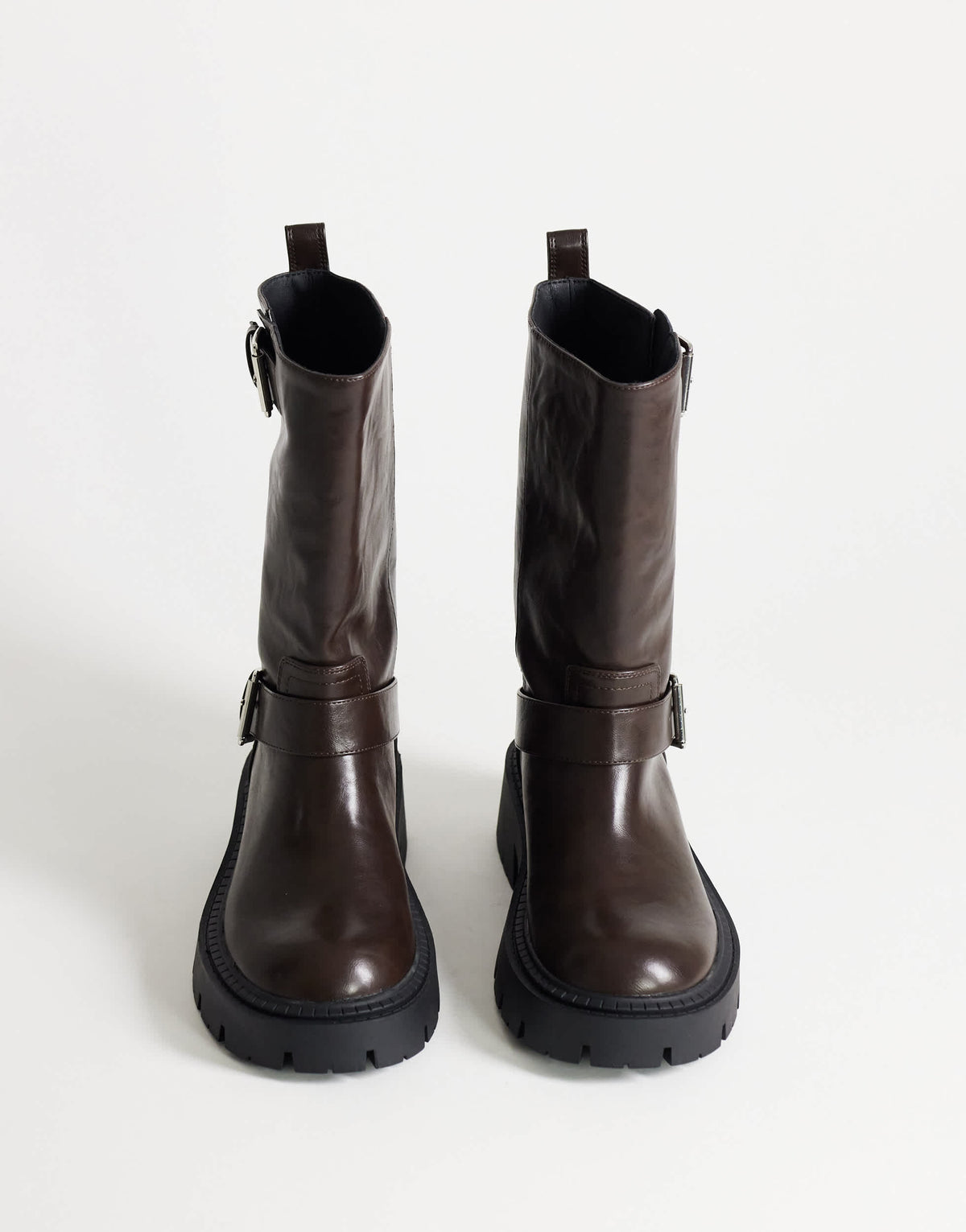Topshop Lincon chunky mid calf boot with buckles in choc