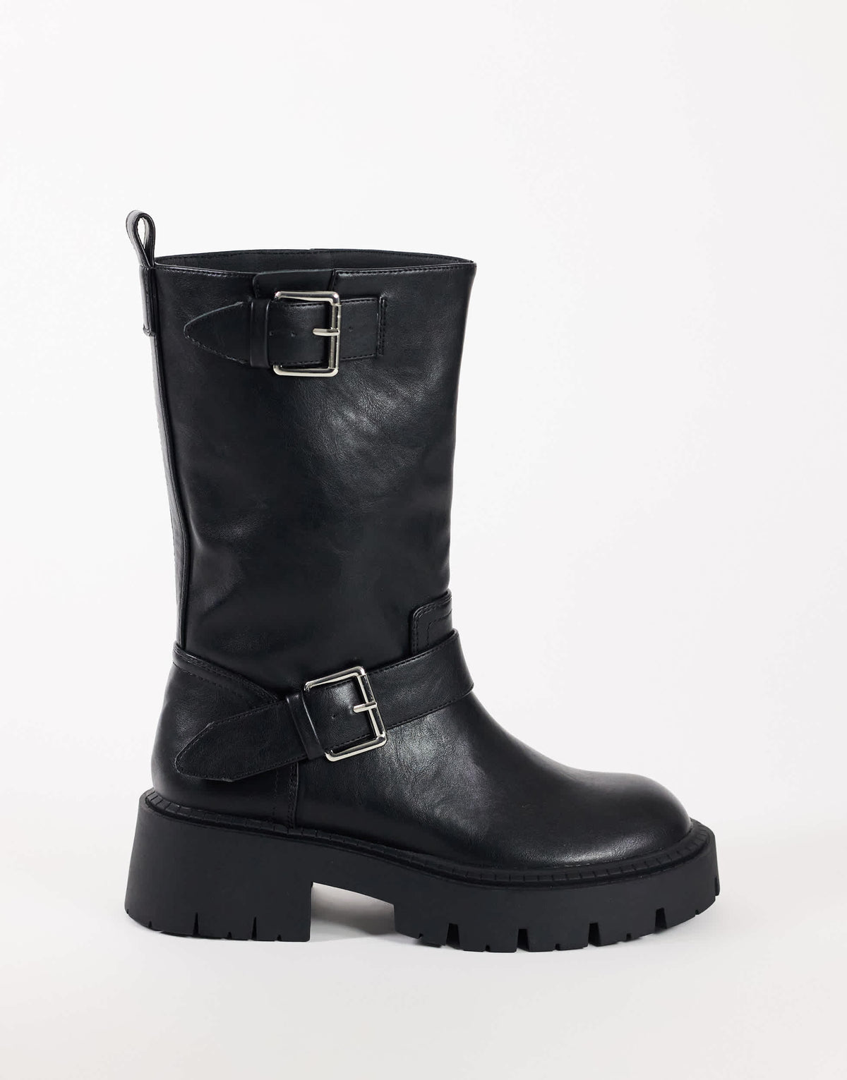 Topshop Lincon chunky mid calf boot with buckles in black