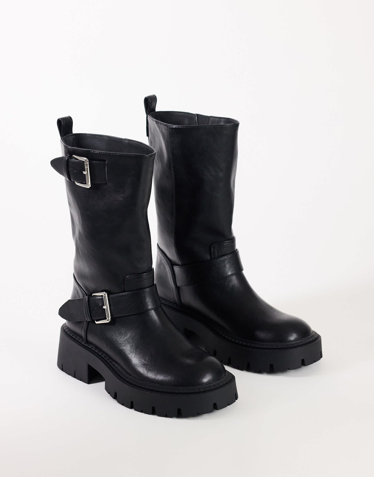 Topshop Lincon chunky mid calf boot with buckles in black