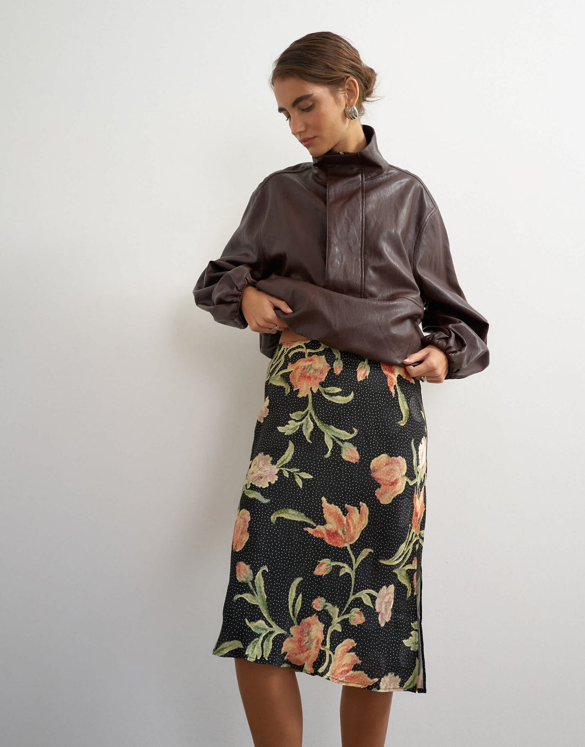 Topshop satin jacquard 90s length skirt in spot floral print