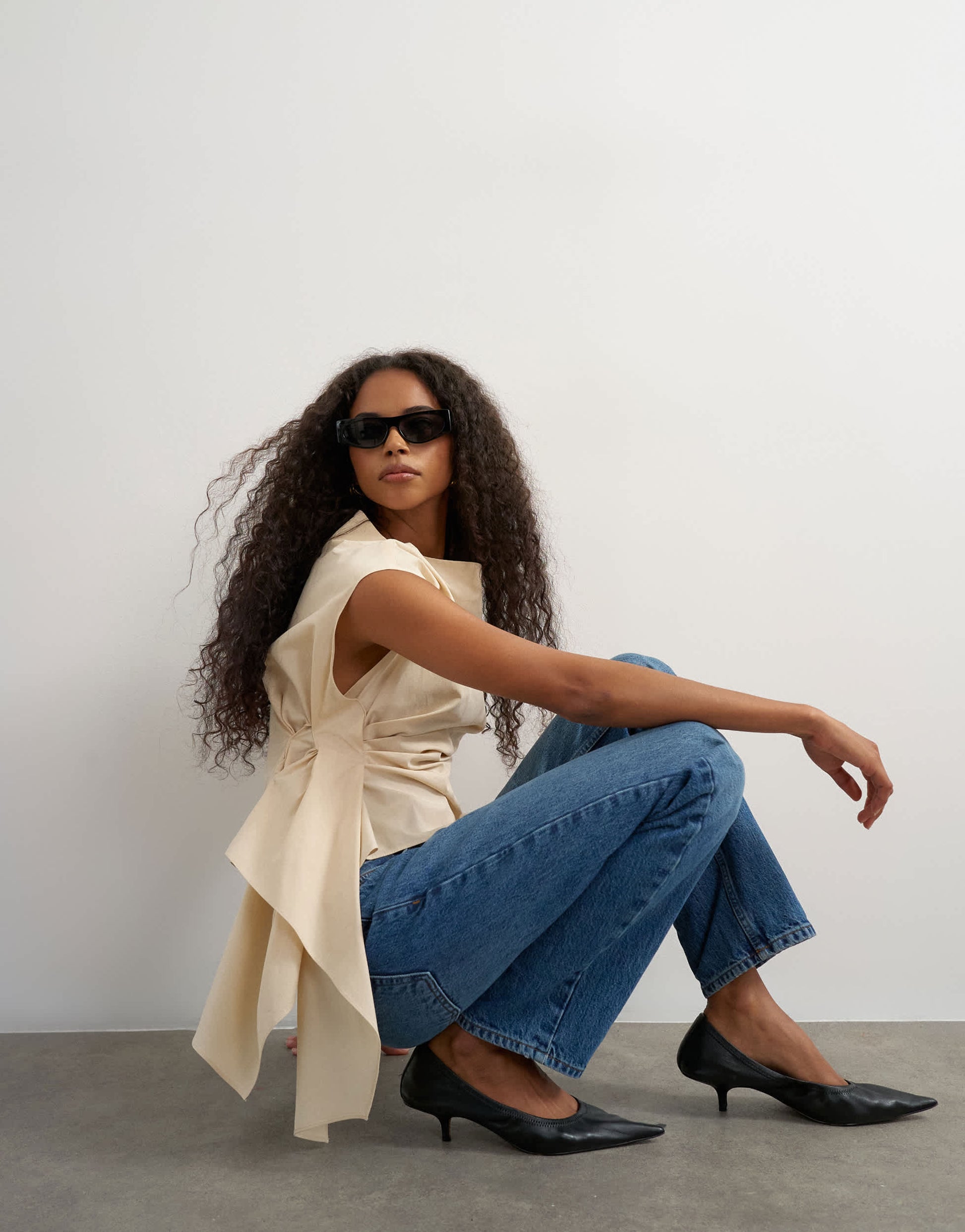 Topshop poplin slash neck twist side top in buttermilk
