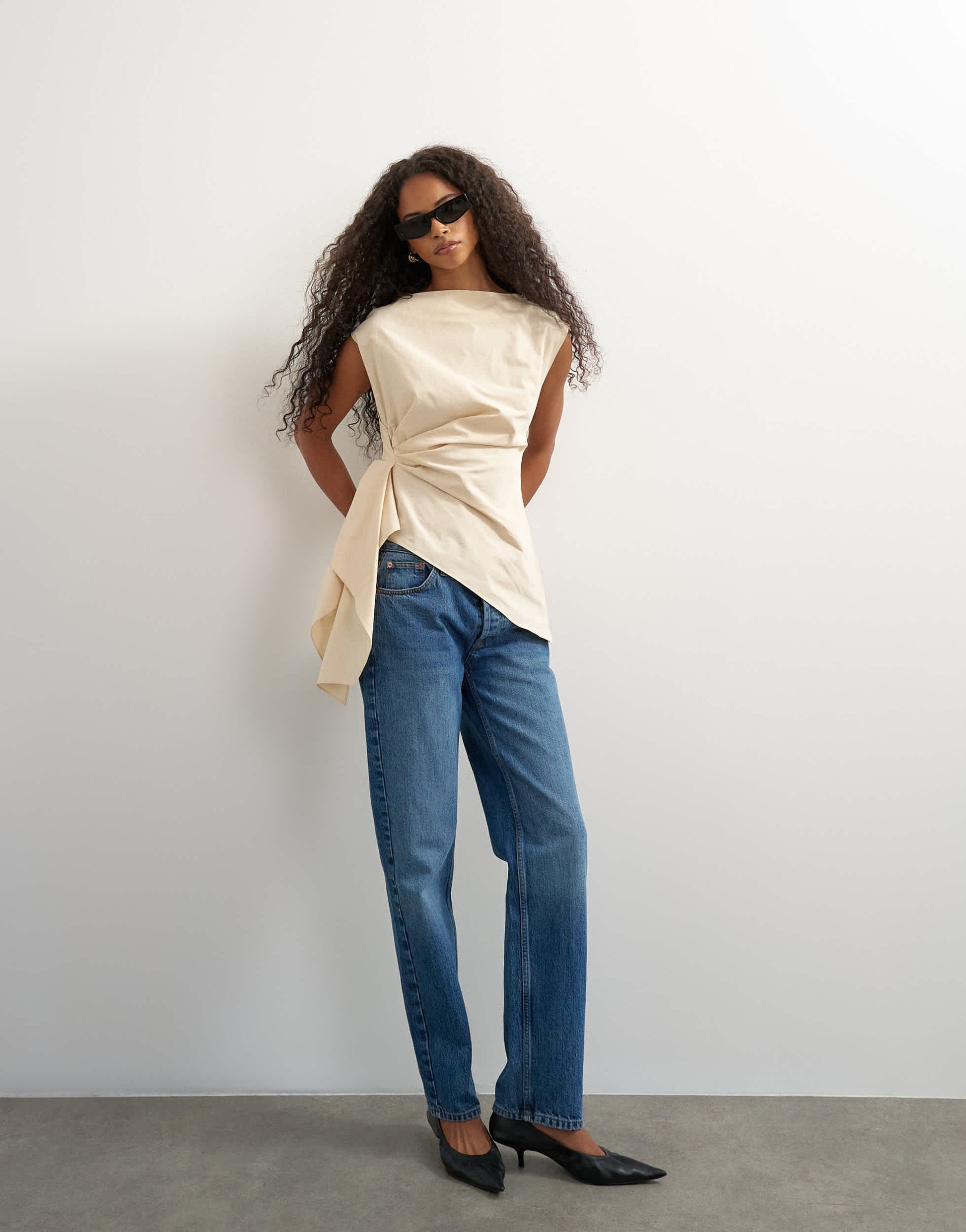 Topshop poplin slash neck twist side top in buttermilk