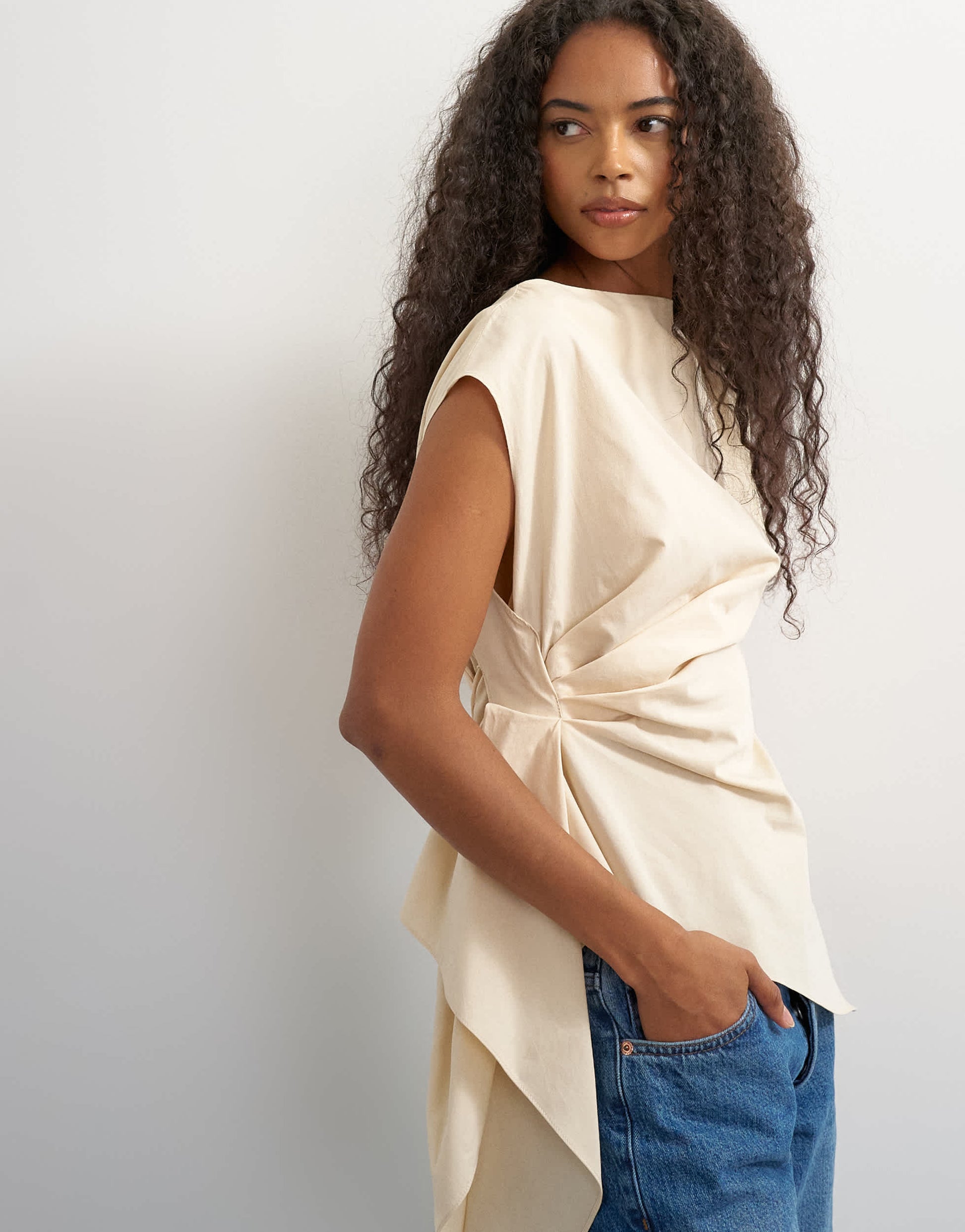 Topshop poplin slash neck twist side top in buttermilk