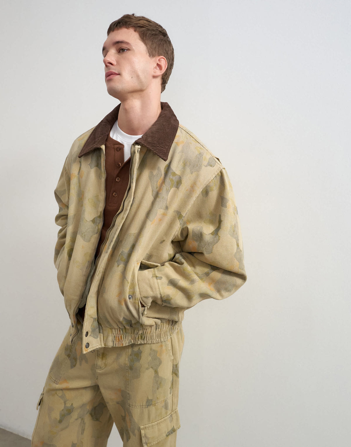 Topman oversized fit twill camo print bomber jacket with cord collar in khaki