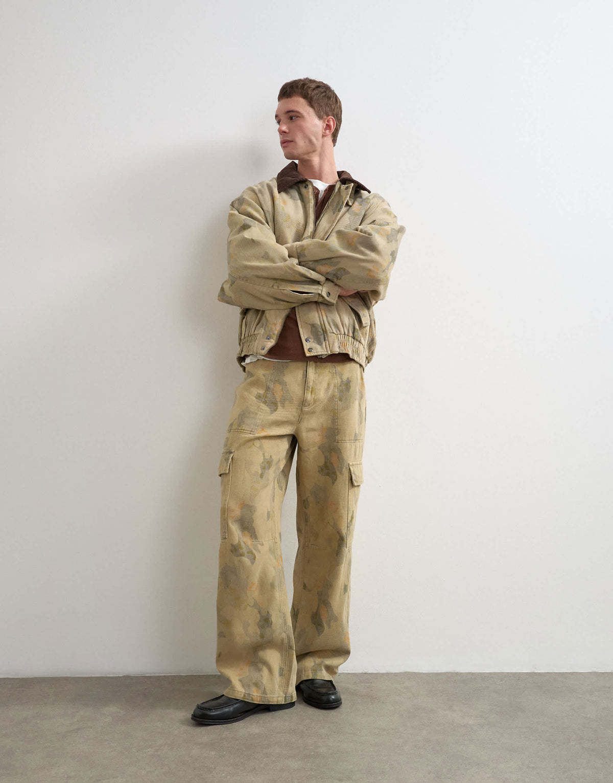 Topman oversized fit twill camo print bomber jacket with cord collar in khaki