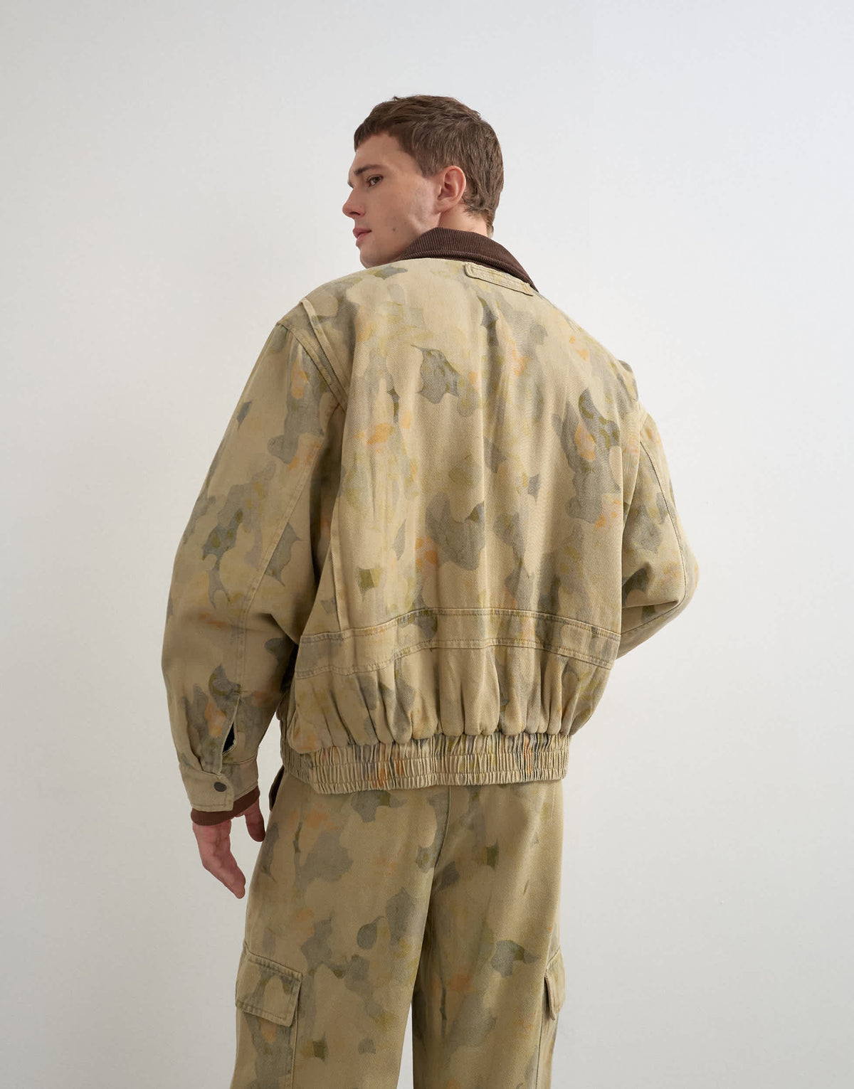 Topman oversized fit twill camo print bomber jacket with cord collar in khaki