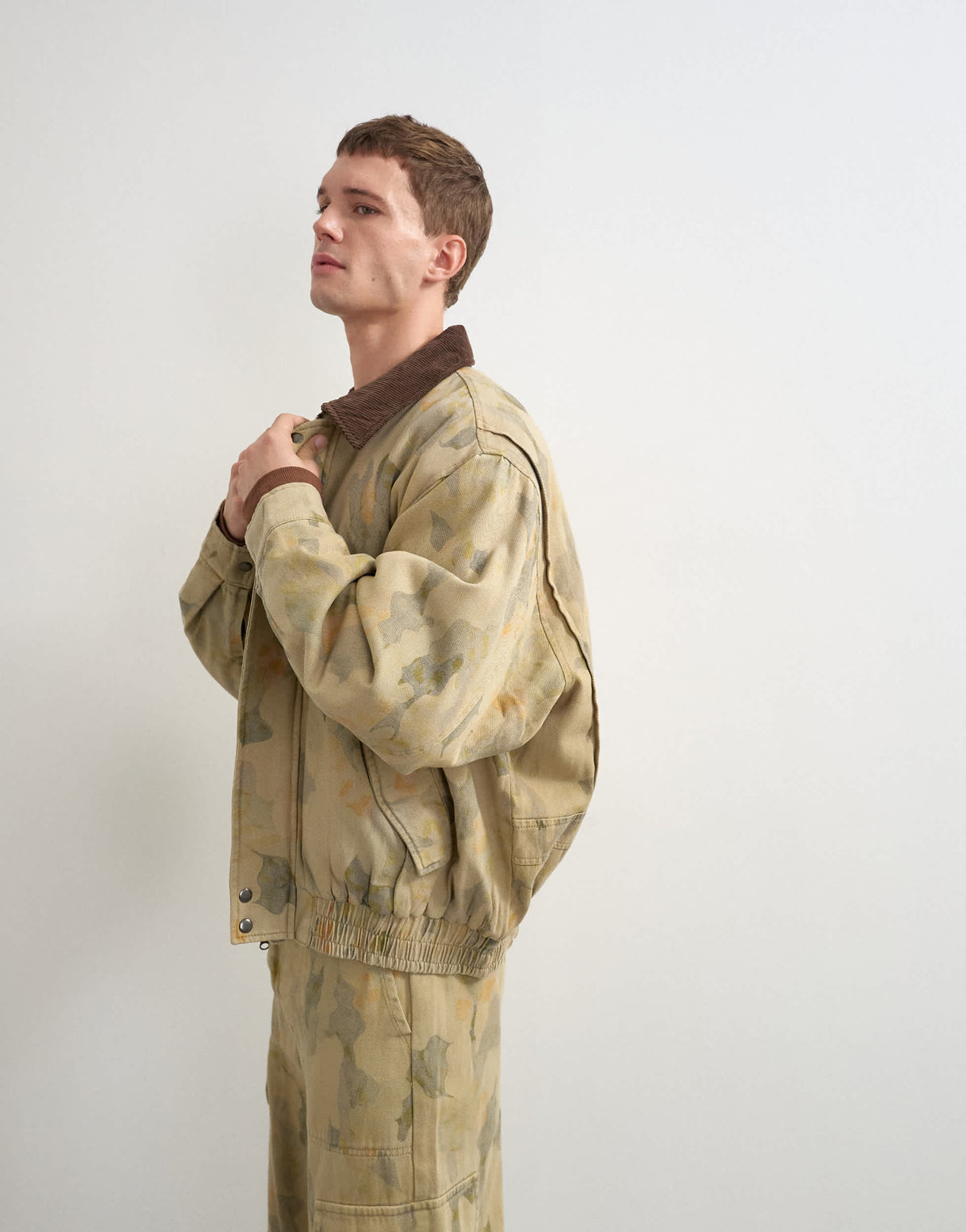 Topman oversized fit twill camo print bomber jacket with cord collar in khaki