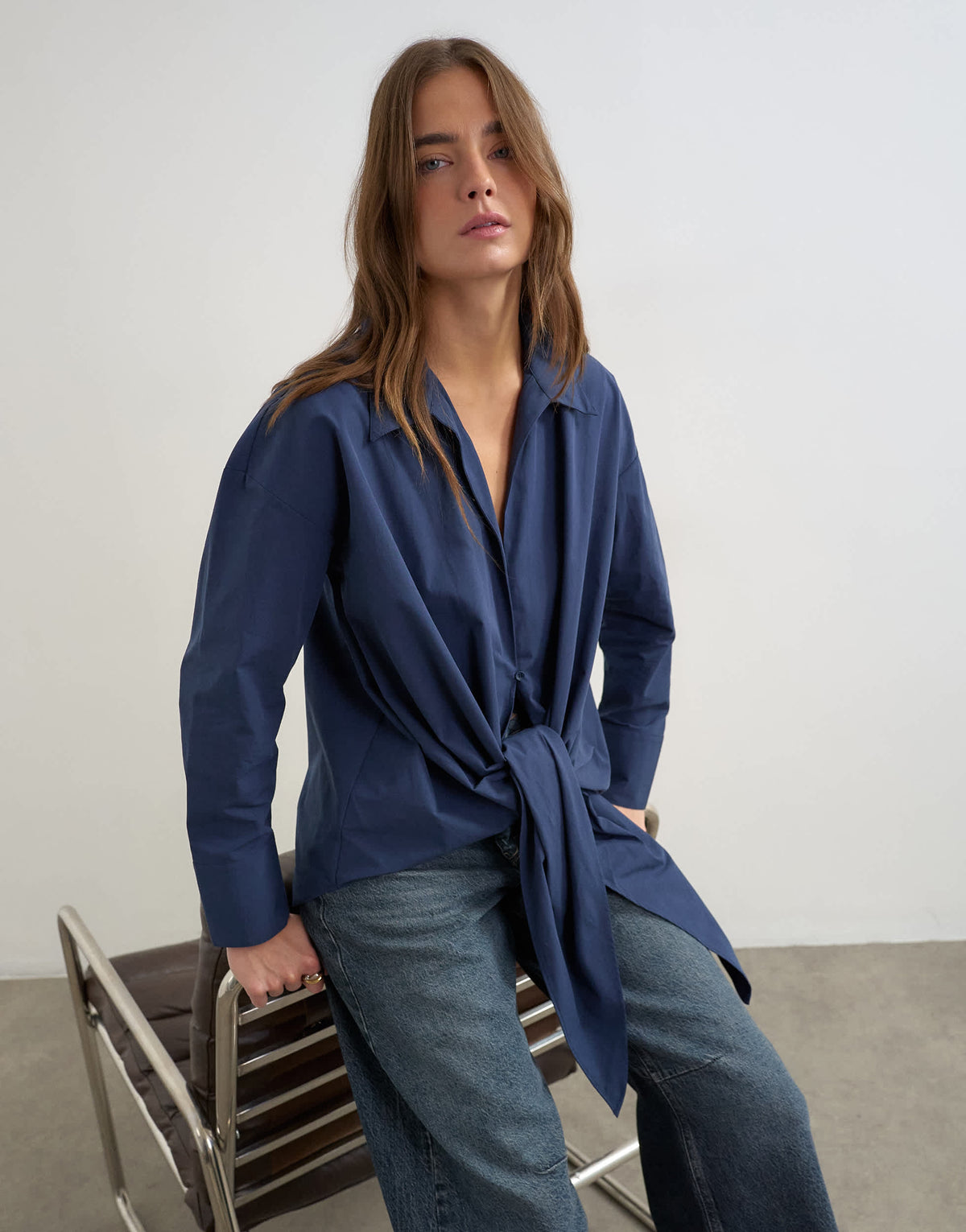 Topshop tie detail shirt in navy