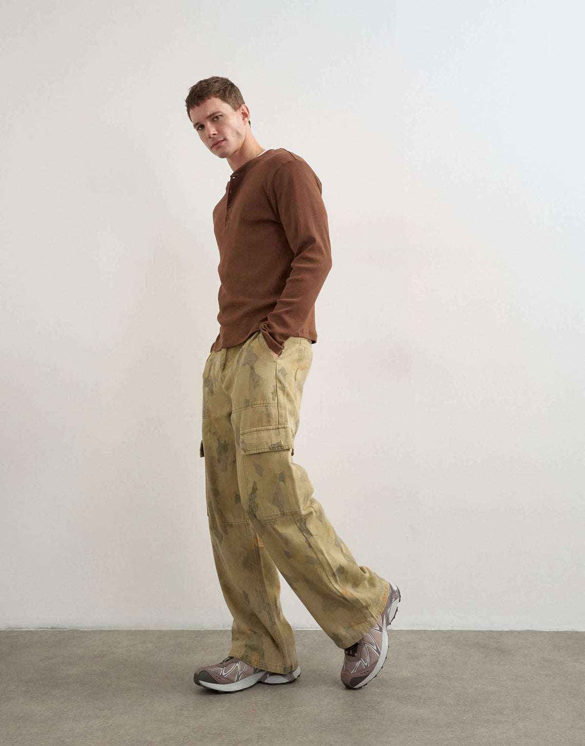 Topman baggy fit twill camo print trousers in khaki