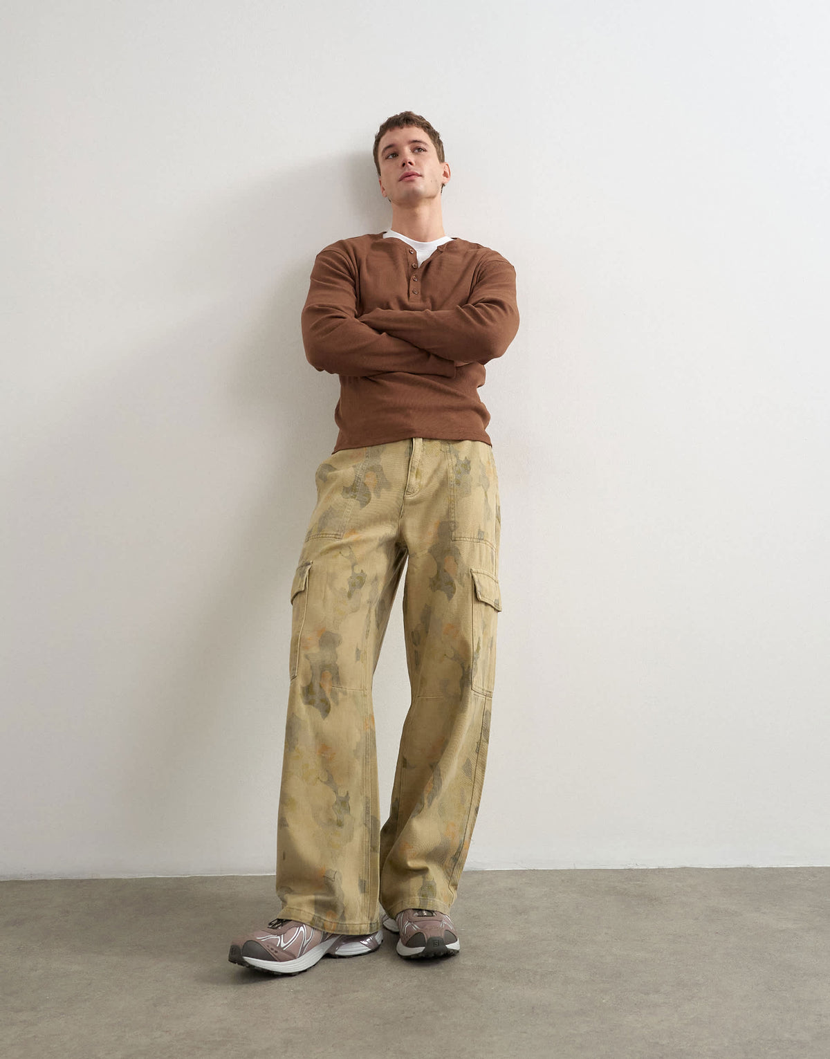 Topman baggy fit twill camo print trousers in khaki