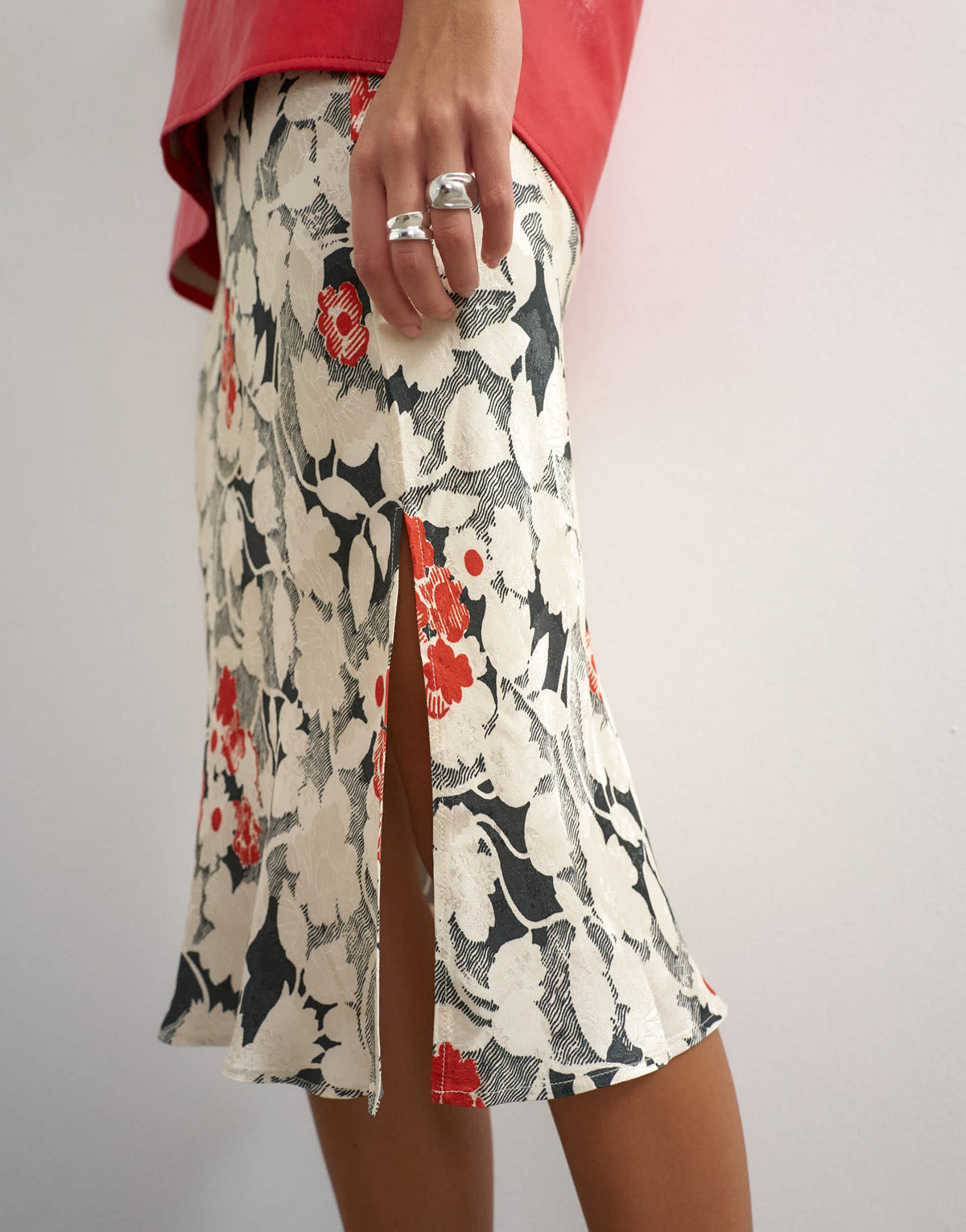 Topshop satin jacquard 90s length skirt in mono floral print