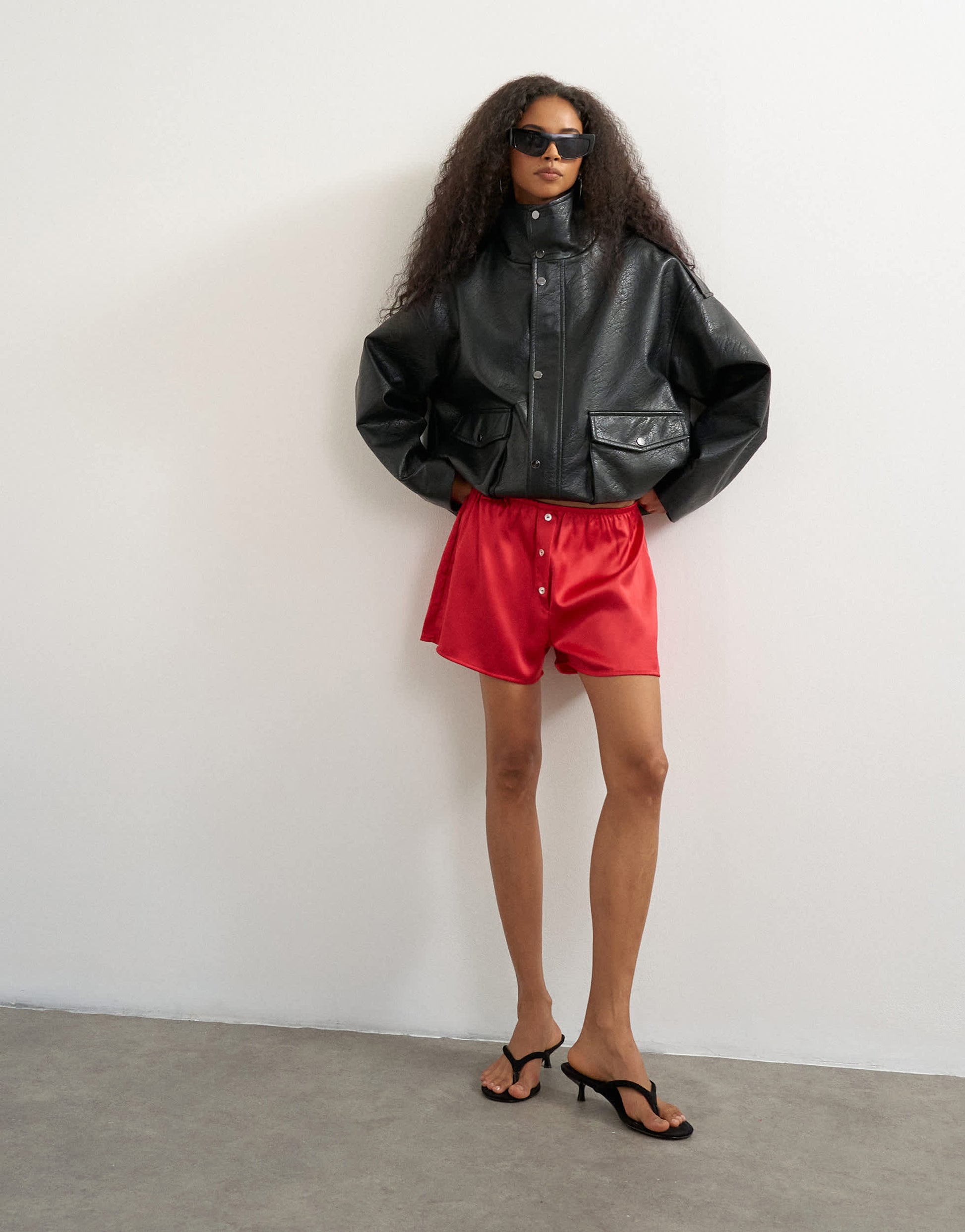 Topshop satin button detail short in red