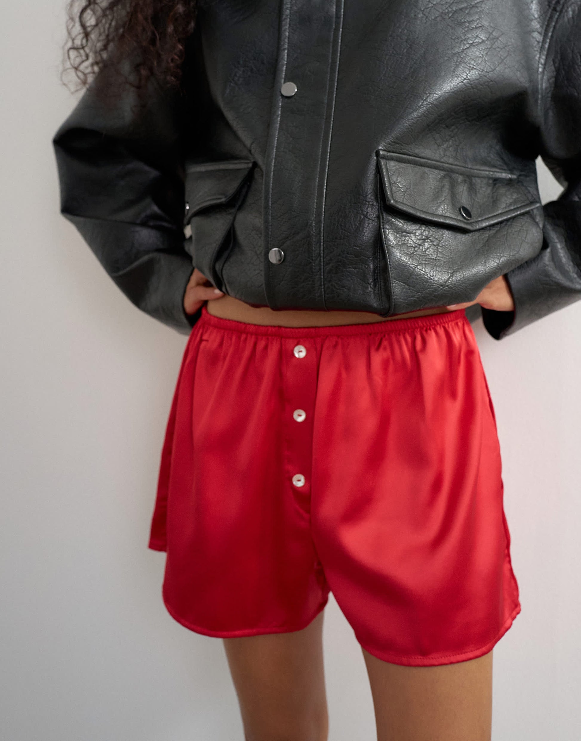 Topshop satin button detail short in red