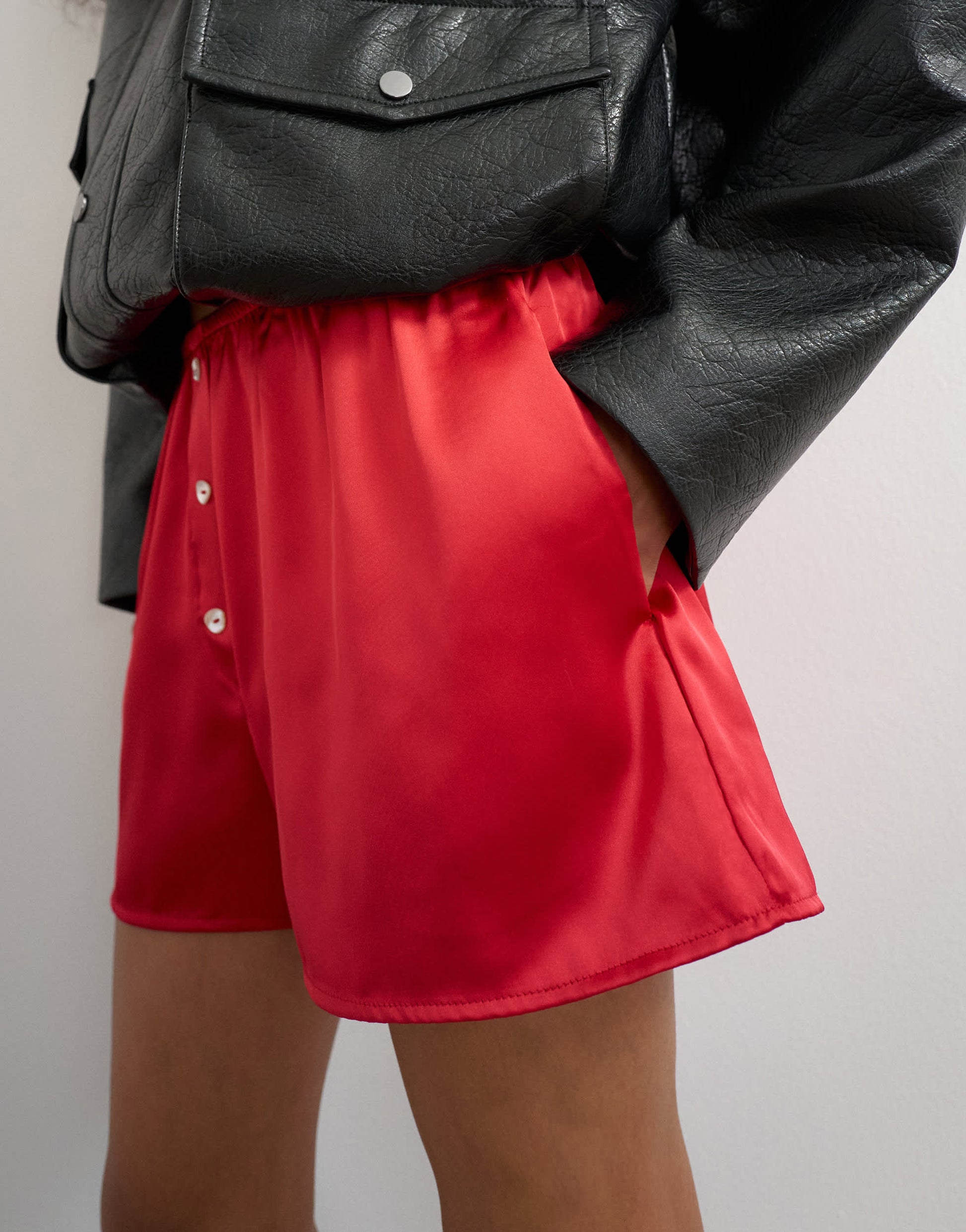 Topshop satin button detail short in red